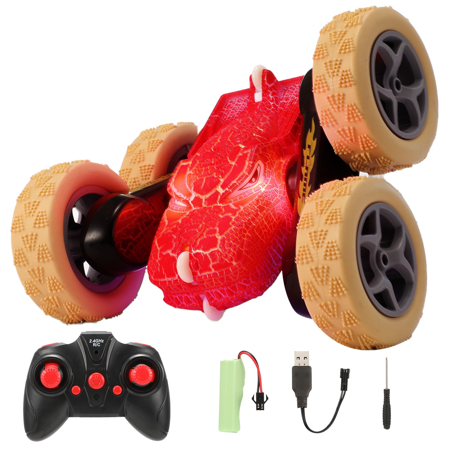 Anpro 2.4GHz Remote Control Car, Electric Race Stunt Car, Double Sided 360° Rolling Rotating Monster Truck Toys, 4WD High Speed Off Road Car for 3-12 Year Old Boys Girls Toys, Red