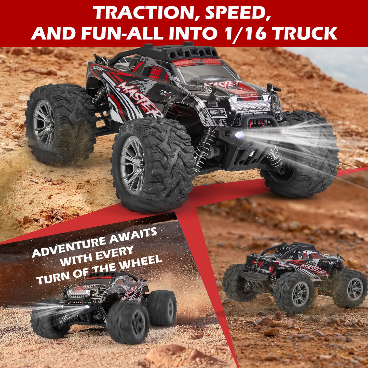 Anpro High Speed Remote Control Car, 16 Scale 40+KMH RC Monster Truck with Lights, 4WD All Terrain Off-Road Truck, 2 Batteries, Electric Vehicle Hobby Toy Gifts for Kids and Adults