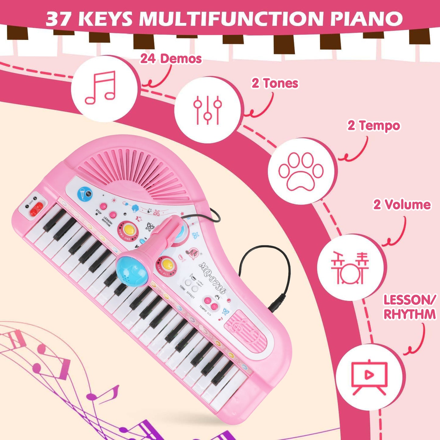 Petbank 37 Keys Piano Toys for Kids, Portable Electronic Musical Instrument with Microphone, Educational Musical Instrument Gift for Boys Girls Aged 3-8, Pink