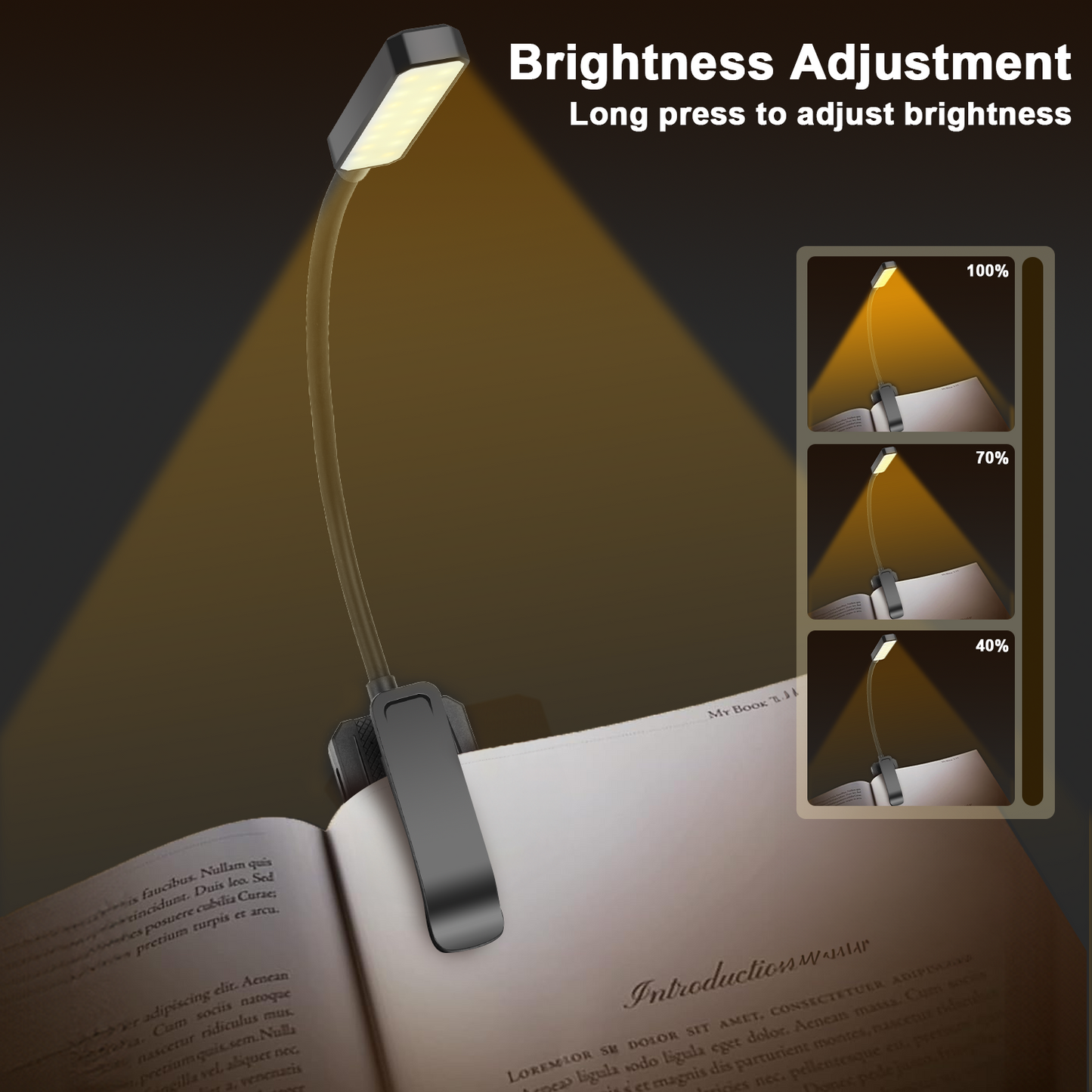 Anpro Rechargeable Book Light, 16 LED Easy Clip on Reading Lamp, 3 Color Temperature, Lightweight Clip on Reading Lights for Books in Bed, Black