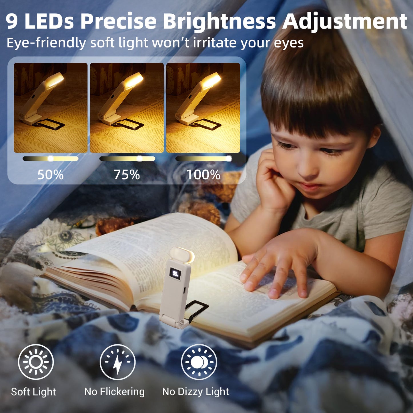 Anpro USB Rechargeable Book Light 9 LED, Mini Portable Clip-on Reading Light, 5 Brightness Levels Lighting & 3 Color Temperatures, Lamp head 90° rotation, up to 80 Hours Reading