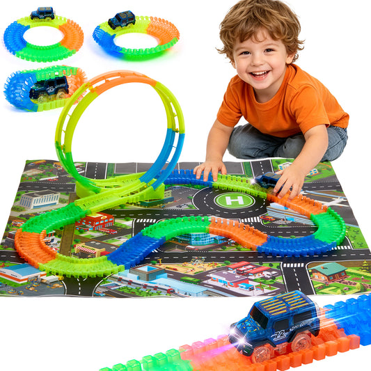 Lictin Glow Race Car Tracks Toys for Kids, 153 pcs Flexible Race Track Set with LED Light Up Race Cars & Play Map, Glowing Track toy Gift for Boys Girls Ages 3+