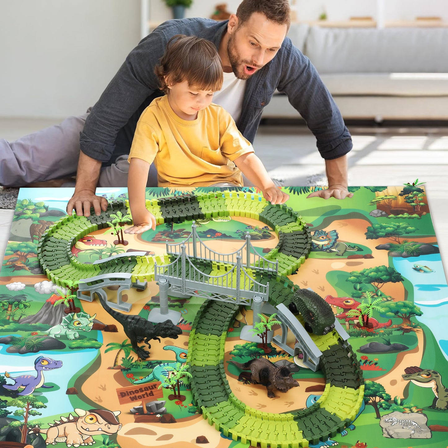Anpro 193PCS Dinosaur Toys Race Car Track Set with Dino Car, Dinosaur World Flexible Track Playset with Map for Toddlers Boys Girls Age 3+