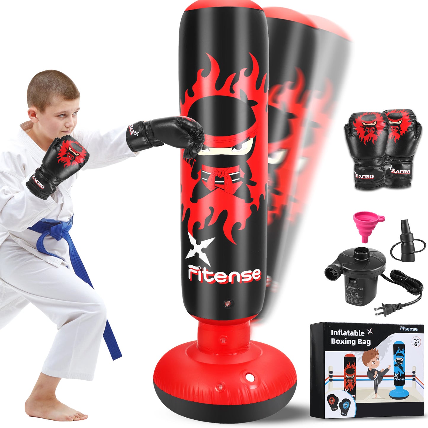Petbank Punching Bag Toy Set for Kids, Inflatable Boxing Bag with Gloves and Pump, Christmas,Birthday Gifts for Kids Age 3-12, Red