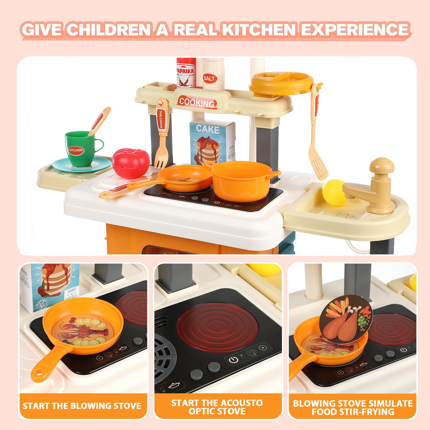Anpro 28Inch Play Kitchen Set for Kids, 49PCS Pretend Play Kitchen with Sounds & Lights, Toy Kitchen Cooking Set, Best Gifts for Toddlers Age 3+, Yellow