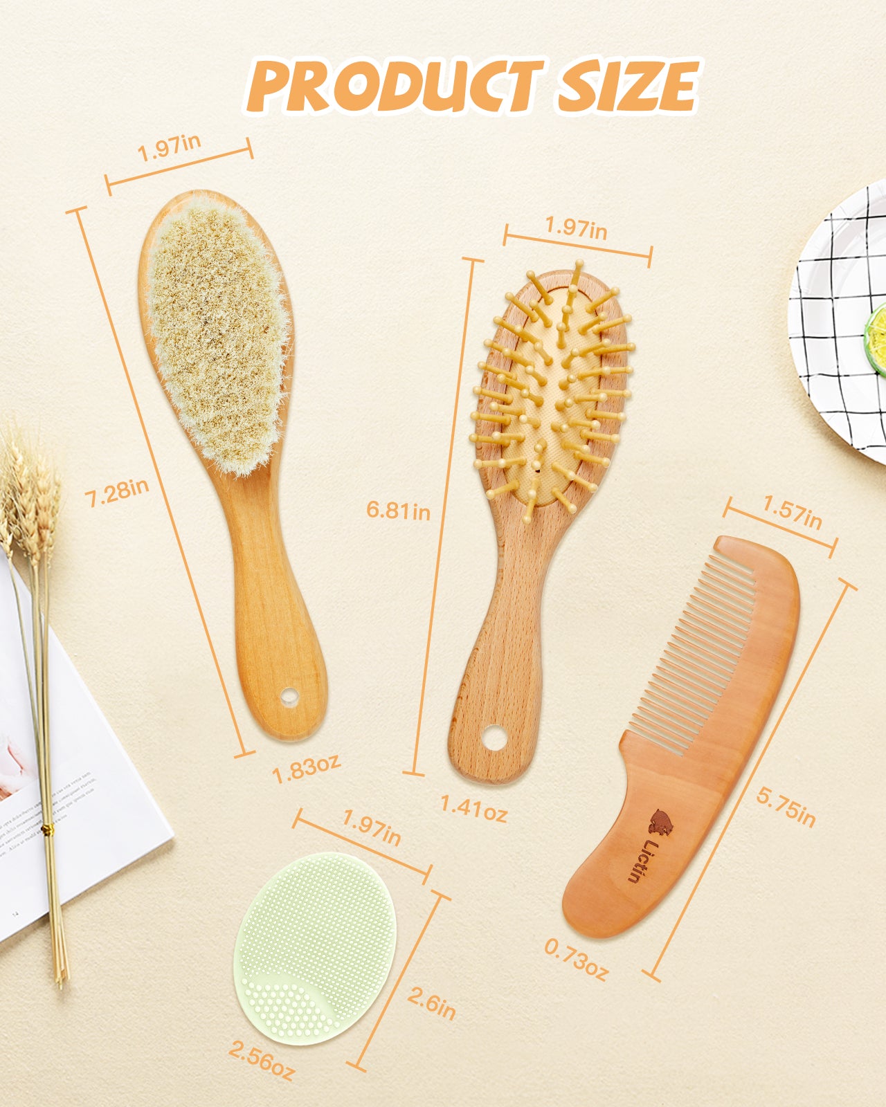 Lictin Baby Hair Brush and Comb Set, 4Pcs Newborn Wooden Hair Brush with Soft Goat Bristles, Baby Cradle Cap Comb Set, Infant Grooming Kit for Baby Shower Gift