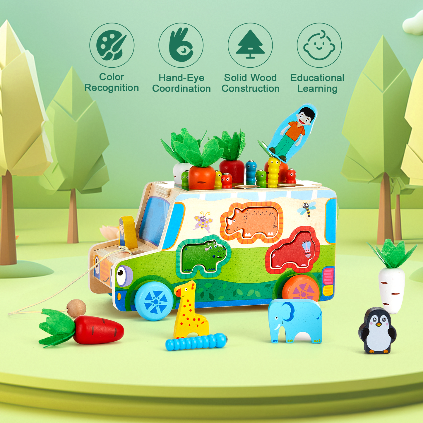 Petbank Montessori Toys, Wooden Montessori Shape Sorting Toys for Toddlers, with Carrot, Worm, Farm Animals Blocks and Traction Rope, Carrot Harvest Game Gift for Kids Ages 1-3