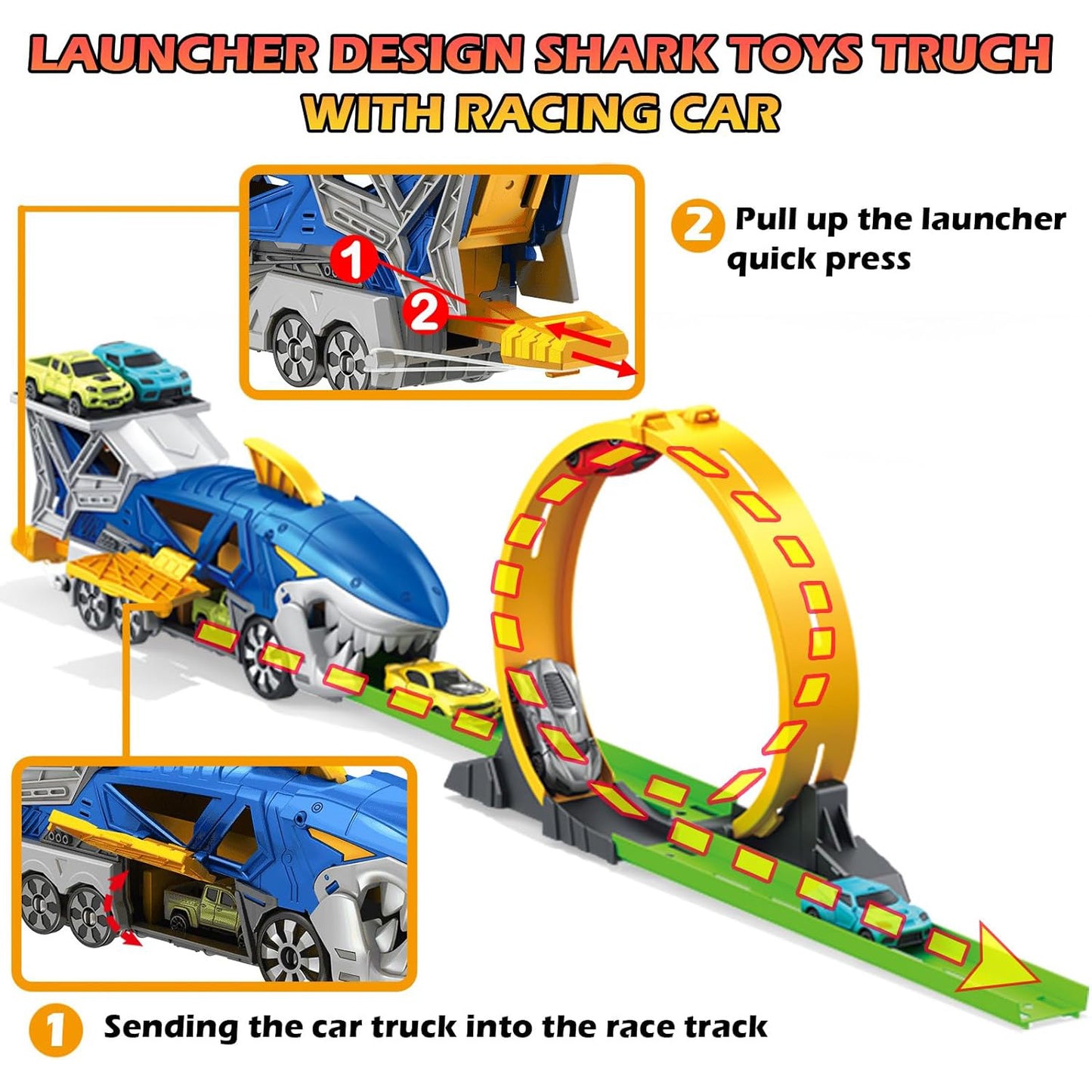 Anpro Shark Carrier Truck Toys for Kids, Transport Trucks Race Track Set with Loop Track, 6 Race Cars, 8 Animal Ornaments, Racing Car Toys Gift for Boy Girl 3+