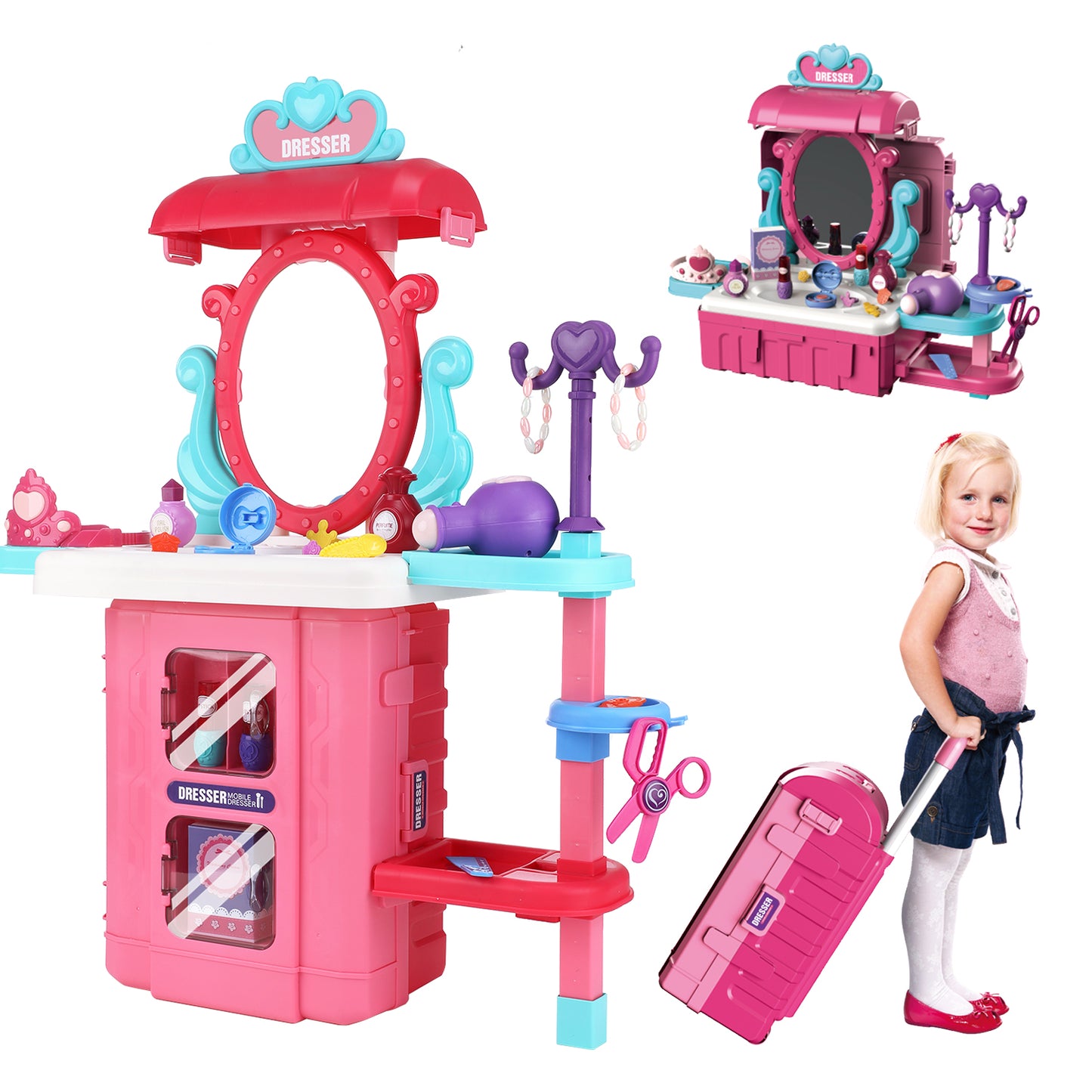 38PCS Toddler Makeup Vanity Set, Anpro 29Inch Princess Girls Vanity Table Set Toy with Light & Music and Accessories & Hair Dryer for Kids Toddlers Girl 3-5 Years, Pink