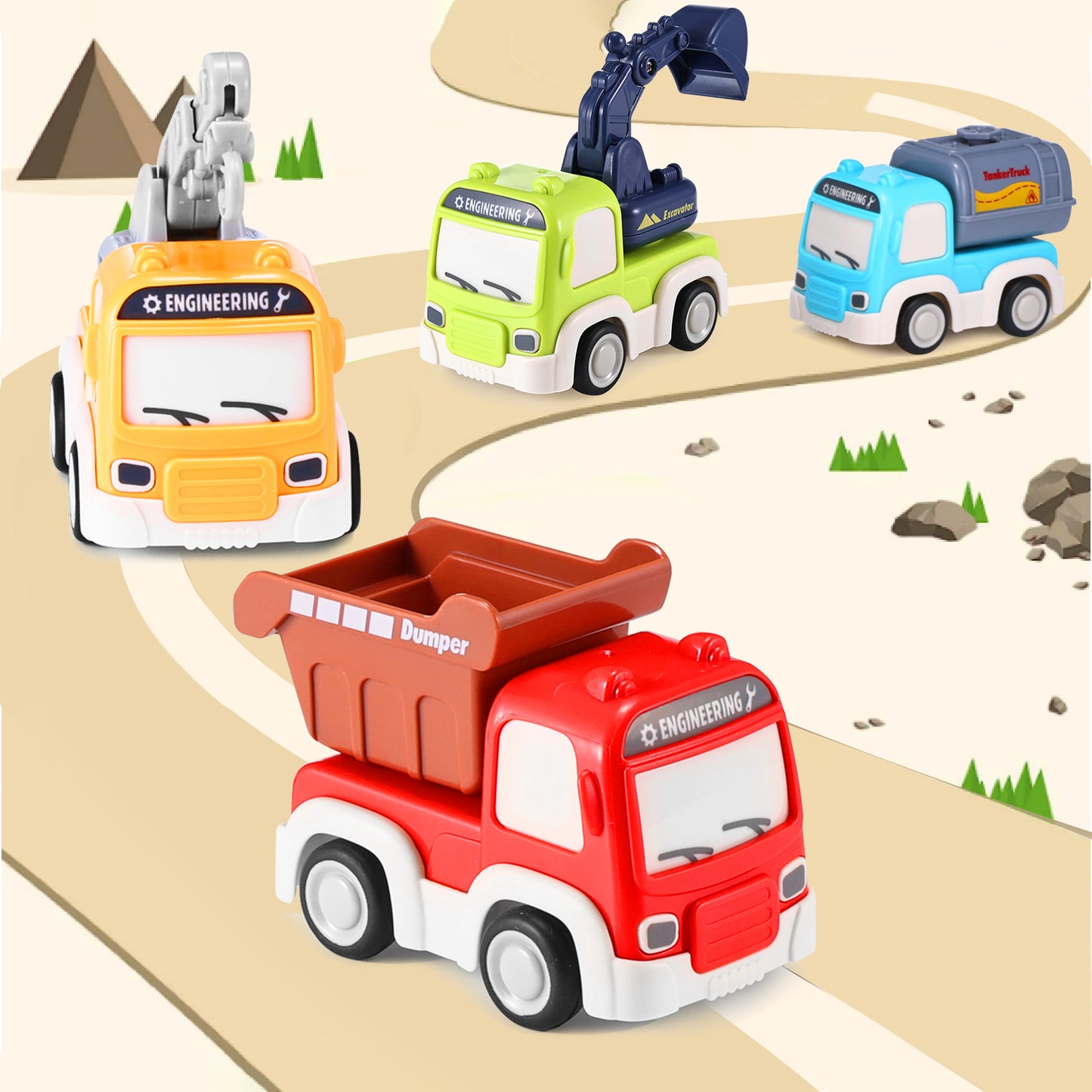 Anpro Friction Powered Cars Toy with Playmat Storage Bag, Push and Go Car Baby Toys, Pull Back Construction Truck Vehicles Play Set for Boys Girls Toddlers Kids, 4 Pack