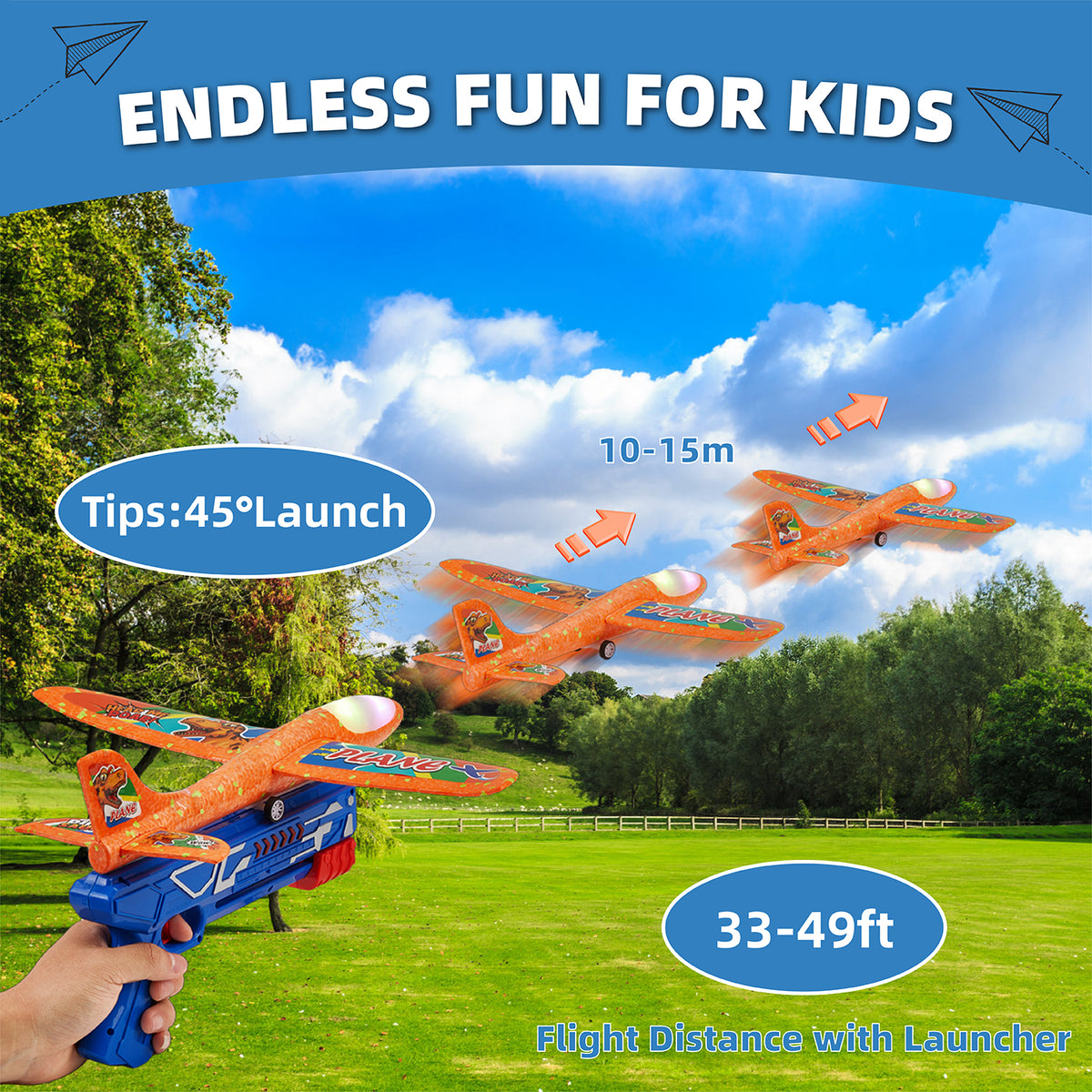 Petbank Airplane Launcher Toys, 3 Pack Flying Airplane Toys with Launcher, LED Light Foam Flying Glider Plane with Sticker, Outdoor Plane Toys for Boy Girl 3+