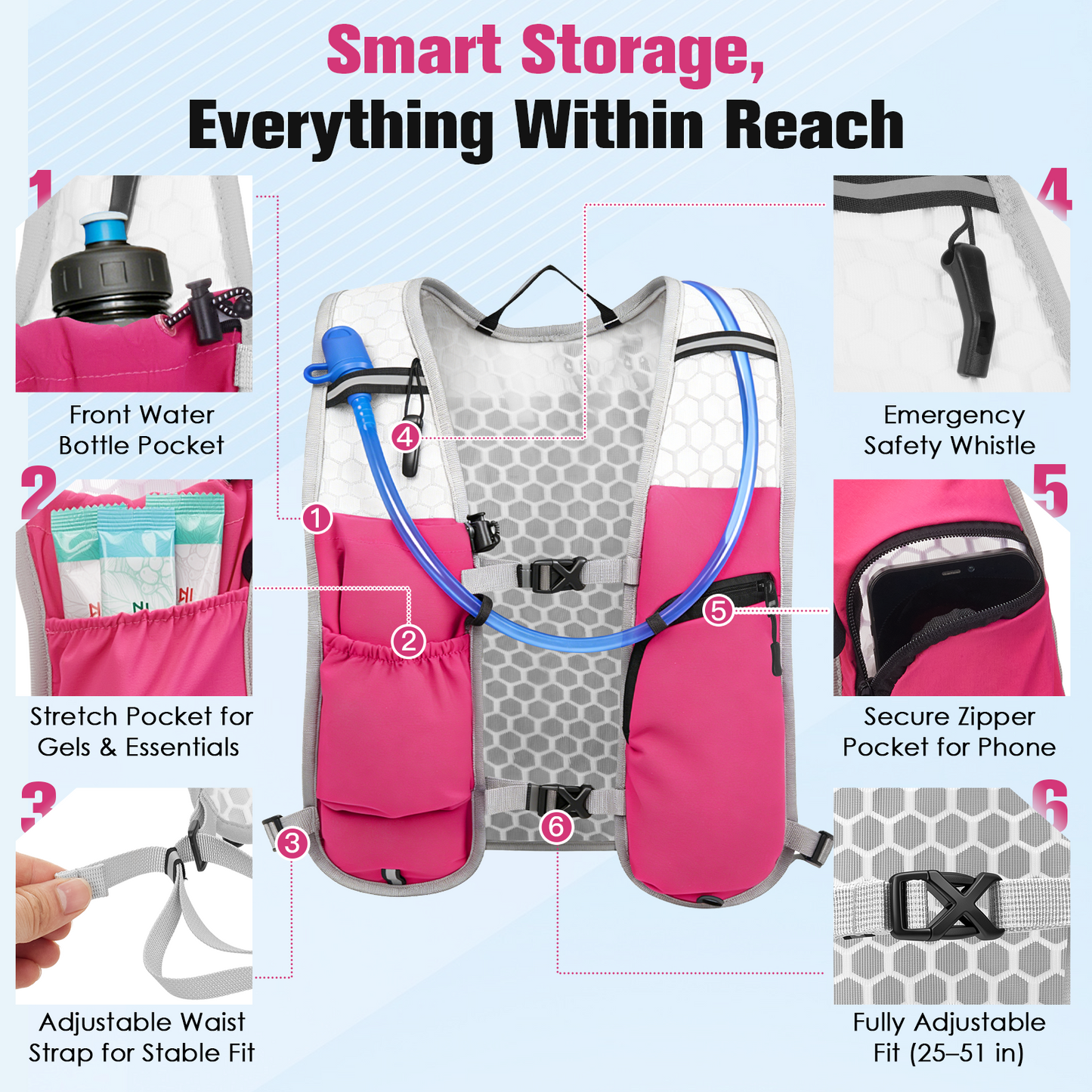 Zacro Reflective Running Vest for Men Women,  Adjustable Lightweight Running Backpack Hydration Vest with 2L Soft Flask, Running Gear for Walking, Hiking, Cycling - Pink