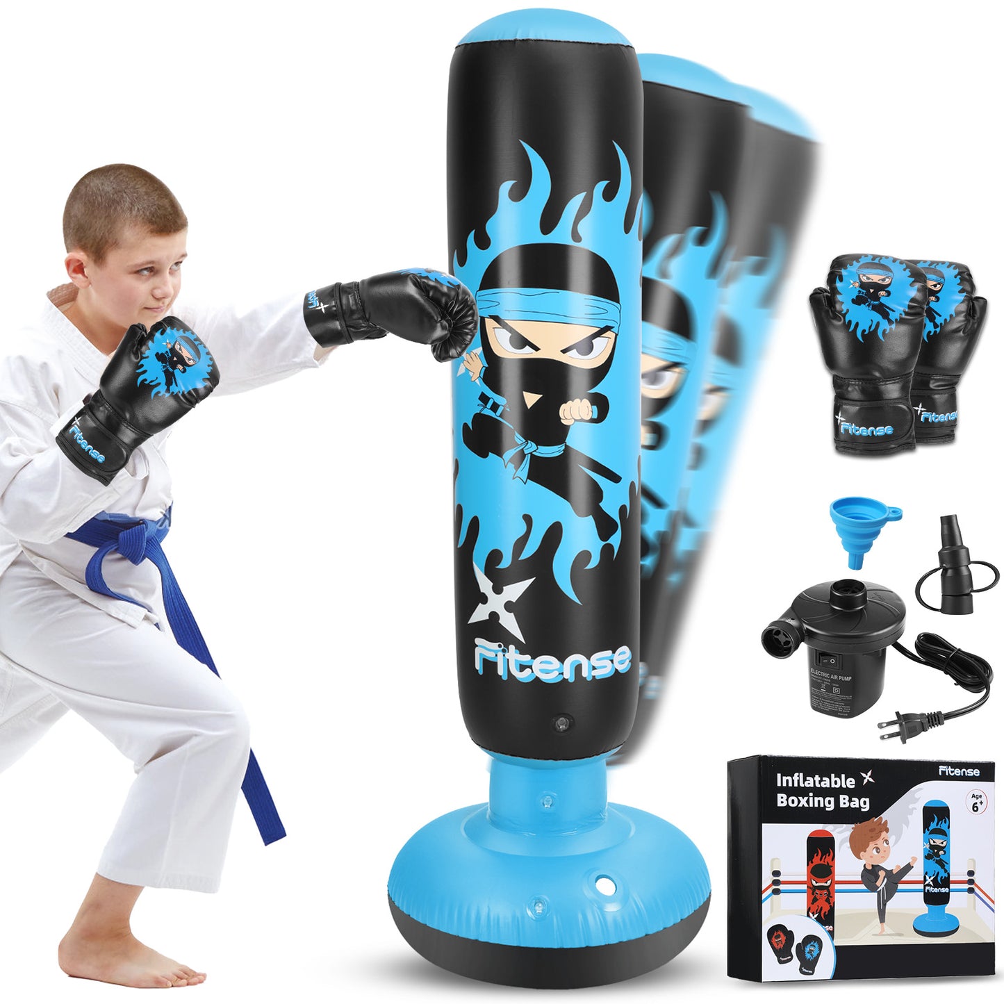 Punching Bag for Kids, Lictin 63 Inch Inflatable Boxing Bag with Gloves, Funnel & Pump, Boxing Toy & Gifts for for 3-6 Boys & Girls, Kids Boxing Set for Practicing Karate, Taekwondo, Blue