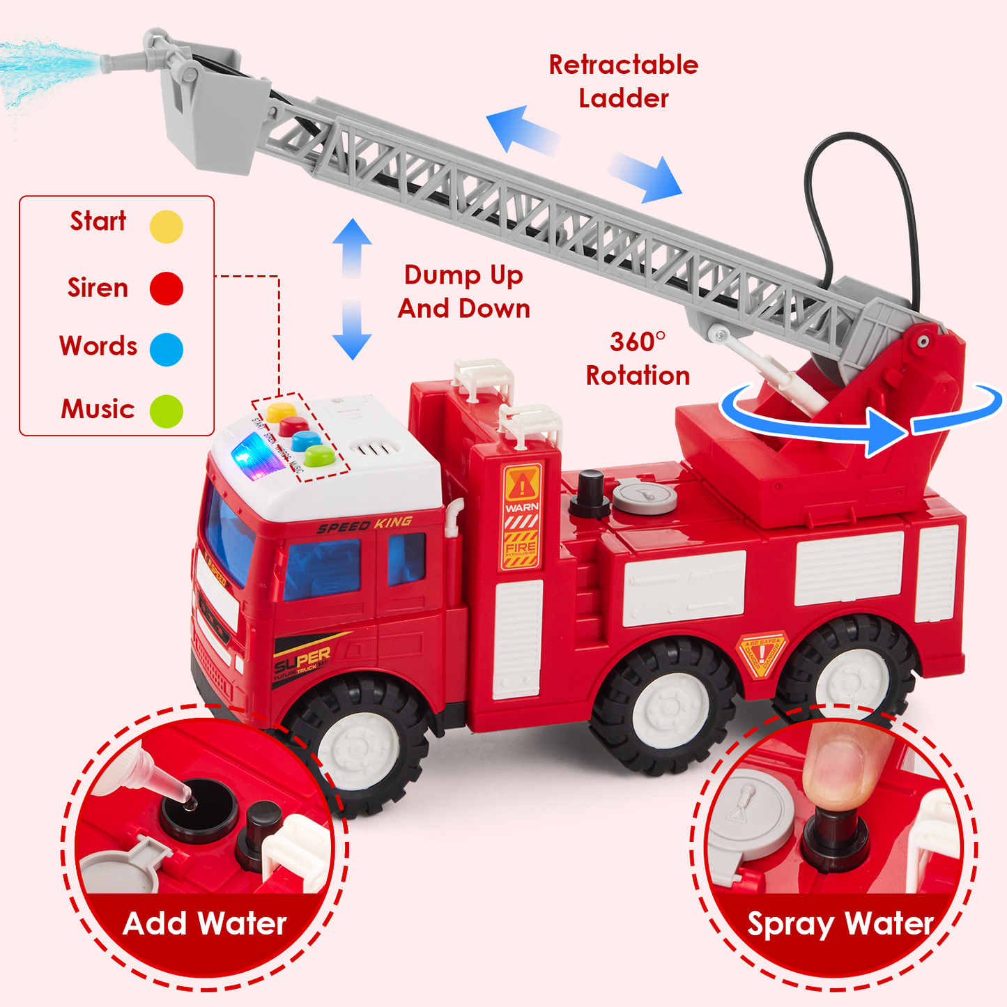 Lictin Fire Truck Toy for Kids, Fire Engine Toys with Water Pump Spray, Extending Ladder, Light & Sound, Fire Rescue Truck Vehicle Toys Gift for Boys & Girls Age 3+
