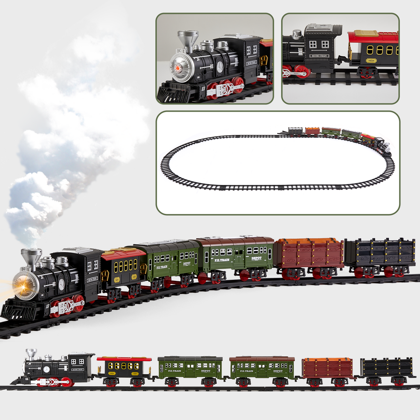 Gleamkid Electric Train Set for Kids, Train Track Toy with Smoke & Light & Sound, Christmas Train Gift for Boy & Girl