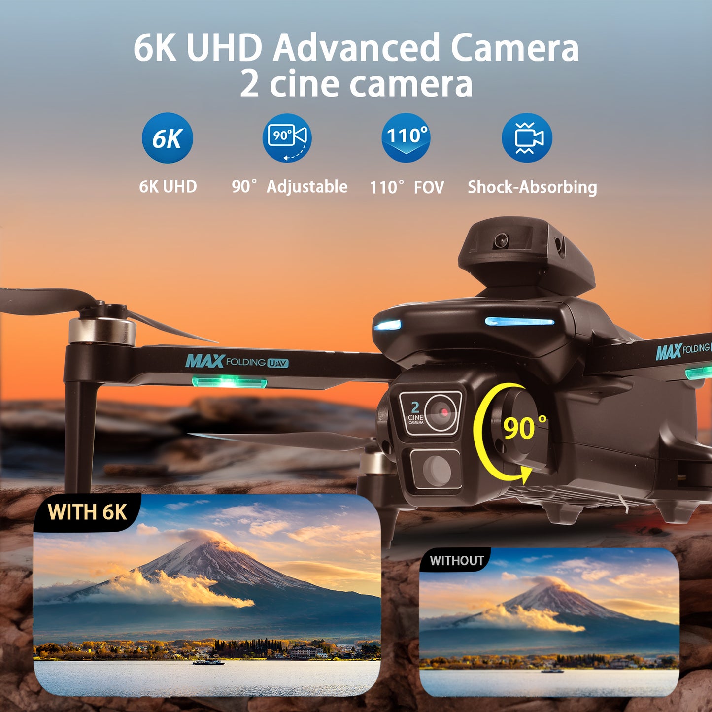 XT606 Drone with 6K UHD Camera, Lictin RC Foldable Drones for Kids Adults Beginners, RC Quadcopter Drone with Brushless Motor, Headless Mode, Optical Flow Position, 2 Batteries, Black