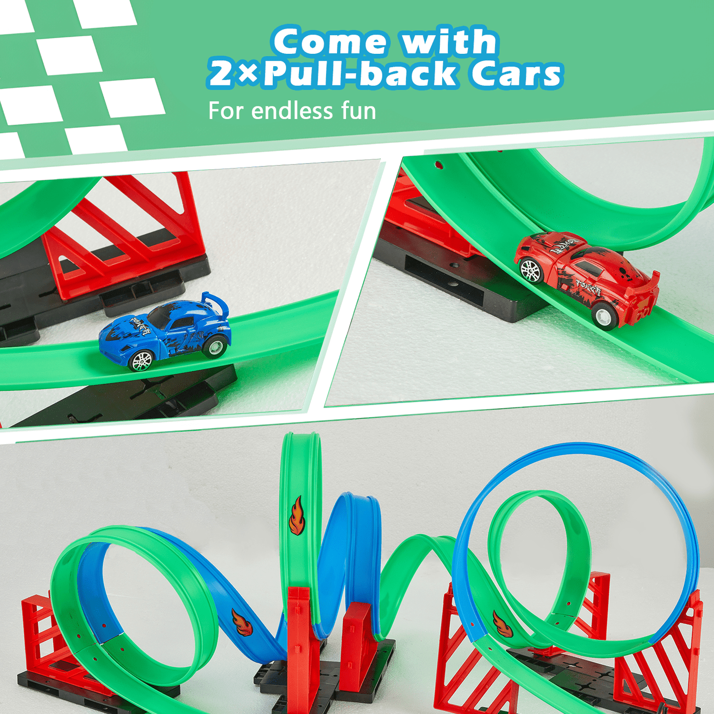 Anpro Car Race Track Set for Kids, 360° Loop Raceway Race Track Set with 2 Pull-Back Cars, Best Track Toys Gifts for 3+ Years Toddler Boys Girls, Green