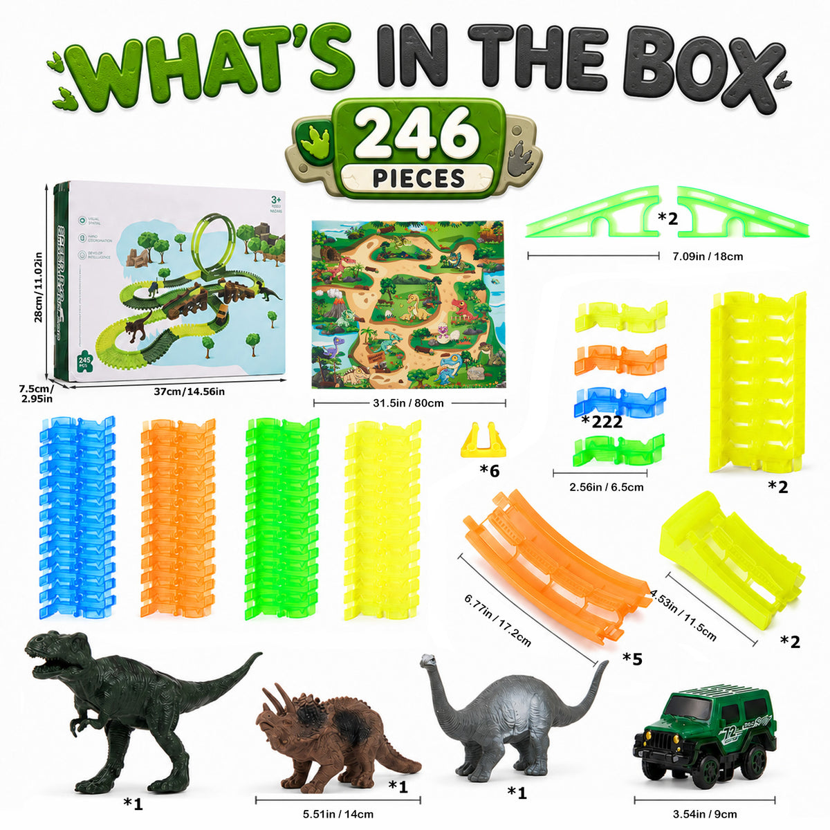 Lictin Dinosaur Race Track Toys for Kids, 246PCS Glowing Flexible Race Car Track Set with with Light-Up Car, 3 Dinosaur Figures & Play Map, Birthday Gift for Boys & Girls Ages 3+