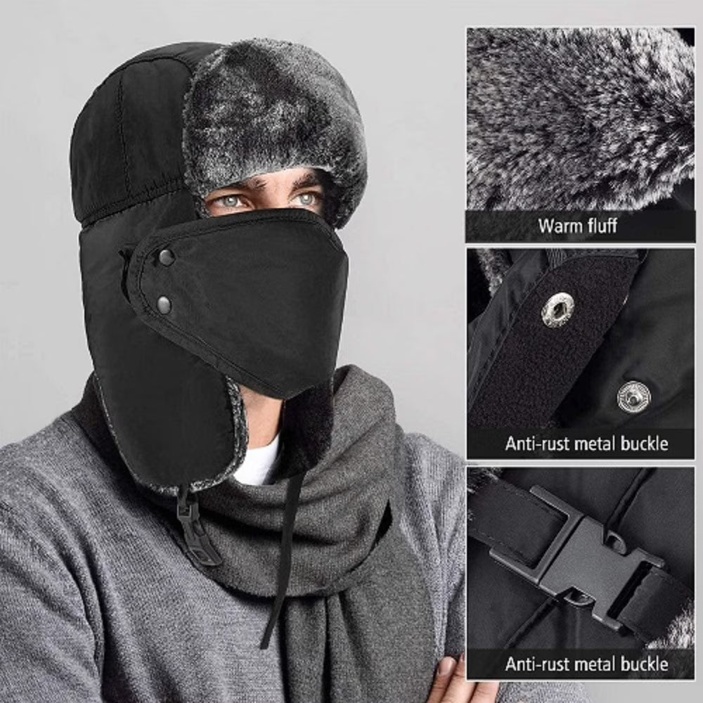 Zacro Trapper Hat for Men Women, Winter Hat Trooper Russian Warm Hat with Ear Flaps Windproof Mask, Black