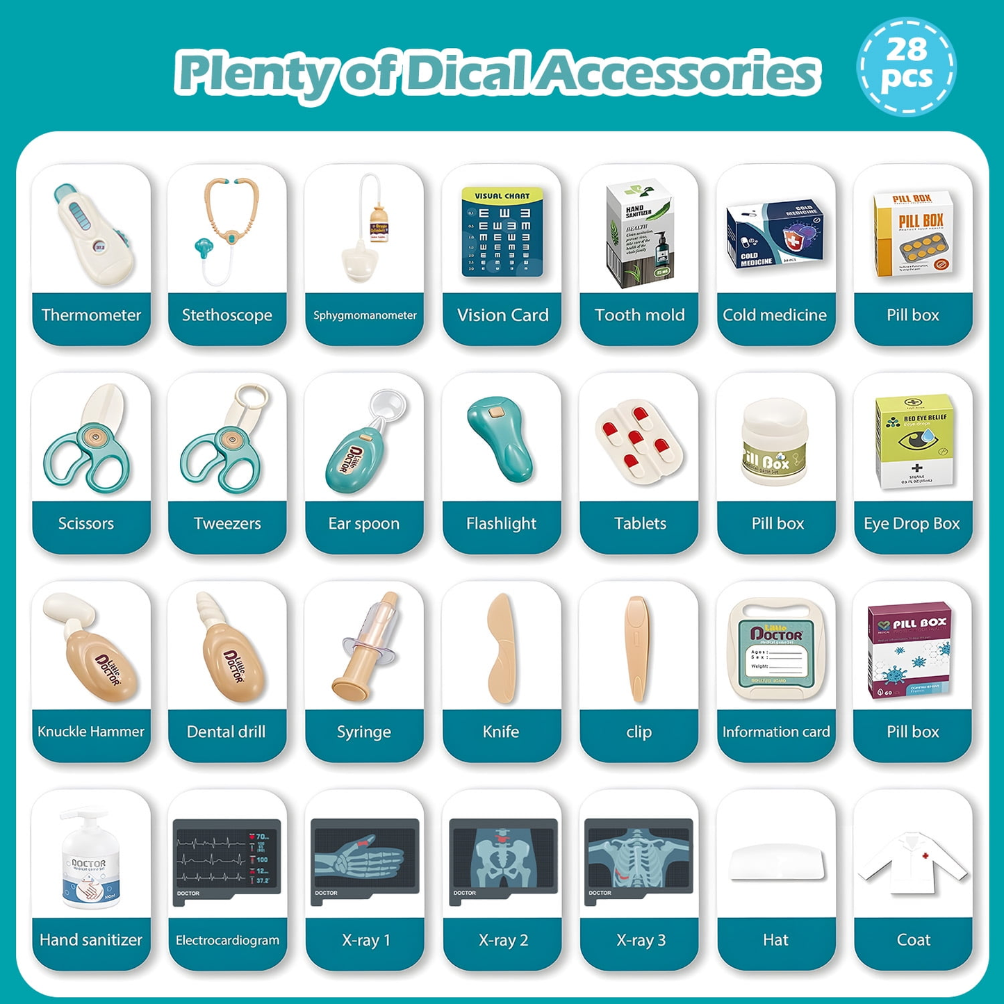 Petbank 28PCS Doctor Kit for Kids, Pretend Medical Station Toy Set for Girls Boys, Mobile Cart Doctor Role Play Toys for Toddler Gift Age 3+
