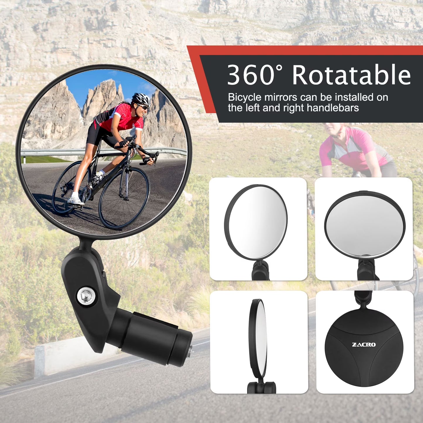 Zacro Bike Mirror (2 Pack) , 360° Rotation Adjustable Bicycle Rear View Mirrors, Bicycle Handlebar Glass Mirror with Bike Bell