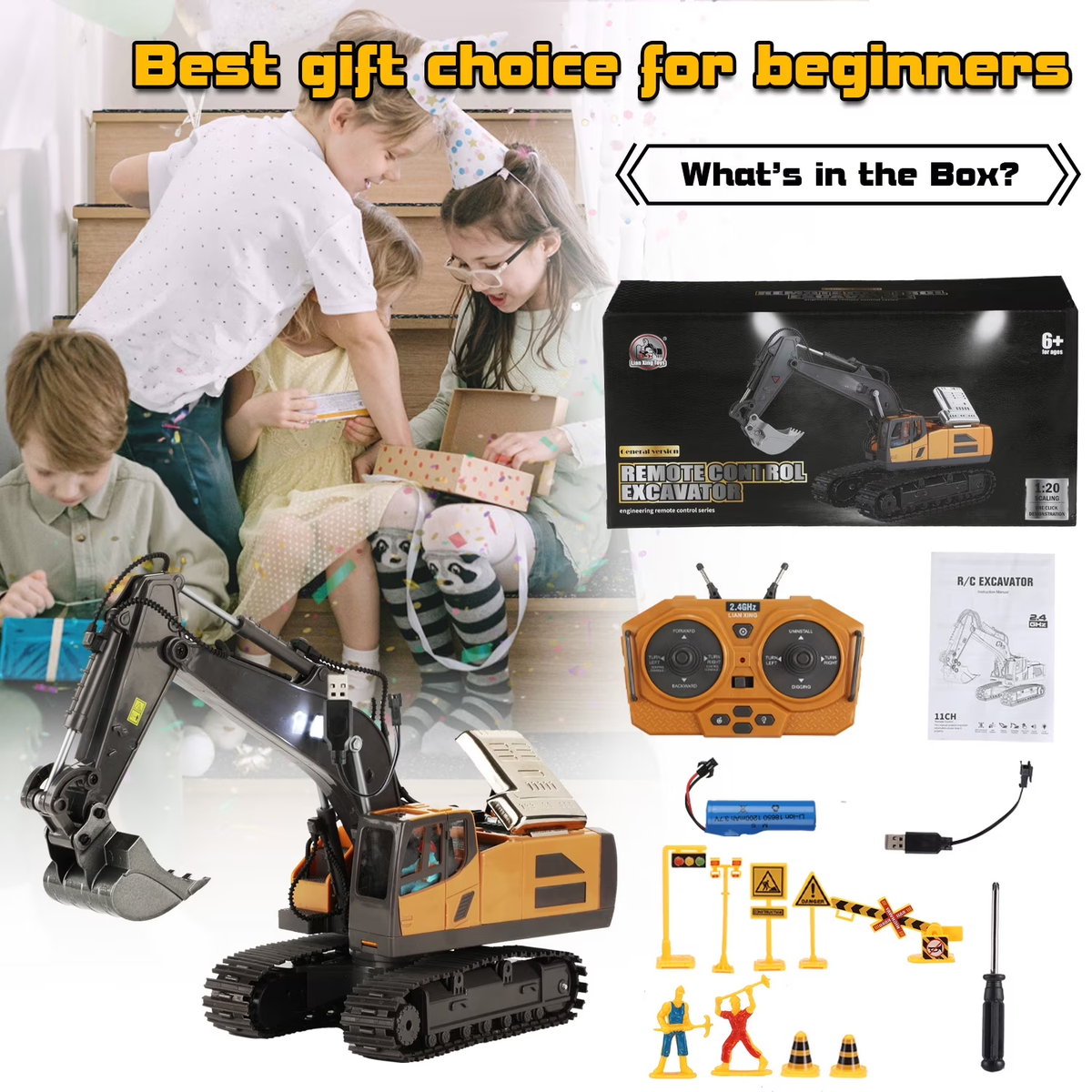 Remote Control Excavator for Kids, Rechargeable 11 Channel RC Construction Vehicle with Metal Shovel,Lights and Sounds, RC Excavator Toys for 3-12 Years Boys Girls