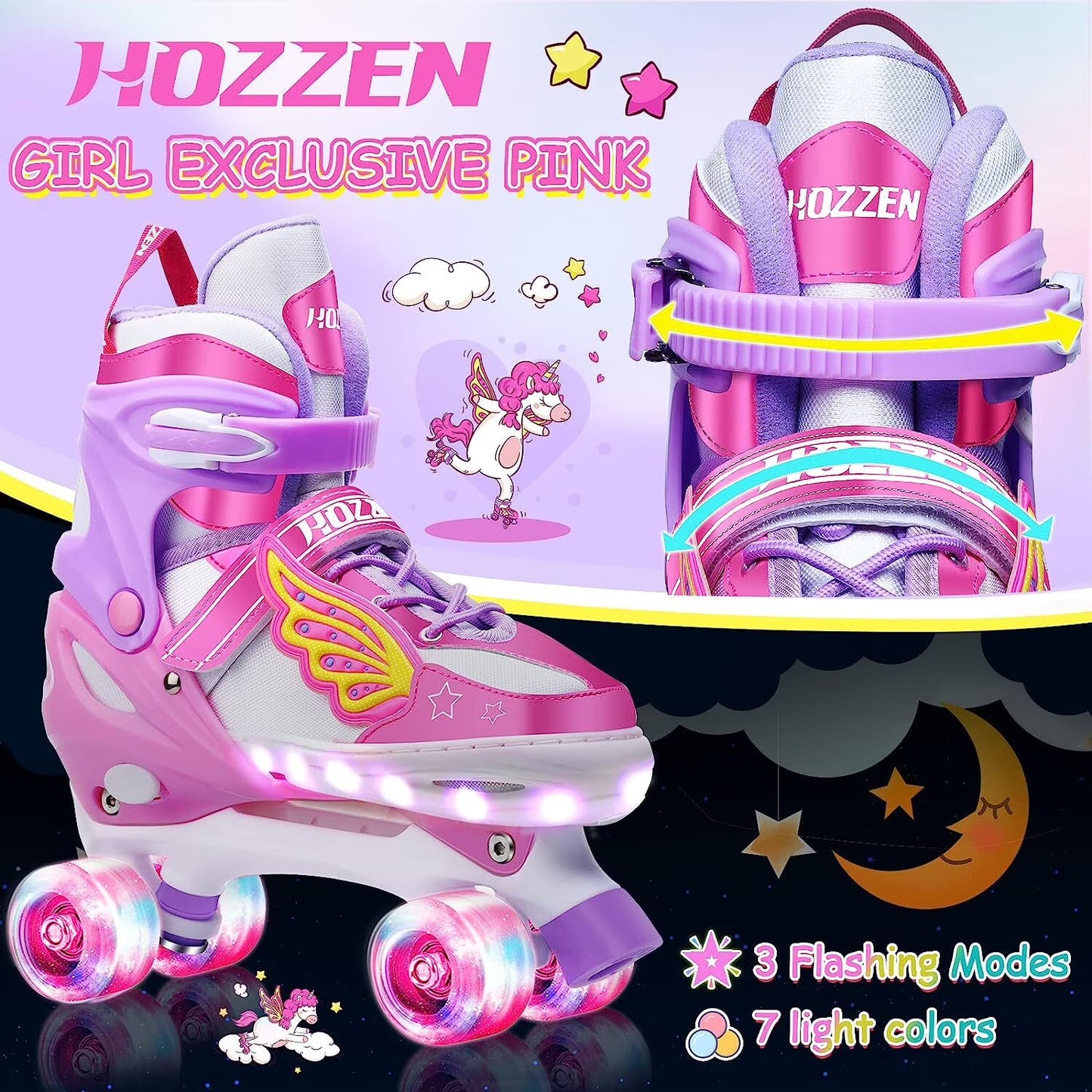 Hozzen Kids Roller Skates for Girls, 4 Sizes Adjustable LED Light Up Girl Roller Skates for Toddlers, Unicorn Pink Shiny Illuminating Wheels Skates, Size M (12C-2Y)