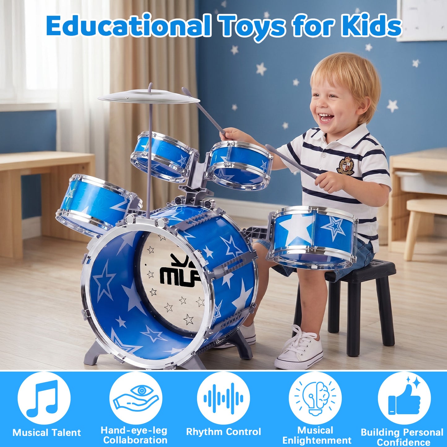 Lictin Kids Drum Set for Toddlers, Beginners Jazz Drum Set with Stools, Educational Musical Beginner Instrument Toys Gift for Boys Girls Aged 2 3 4 5 6