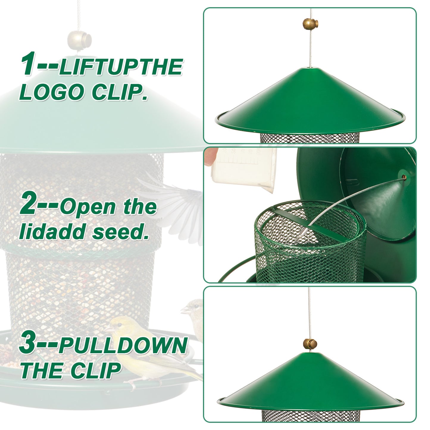 Petbank Metal Bird Feeder for Outside Hanging, Retractable Squirrel Proof 5lb Capacity Bird Feeders, for Outdoors Hanging Garden Yard, Green
