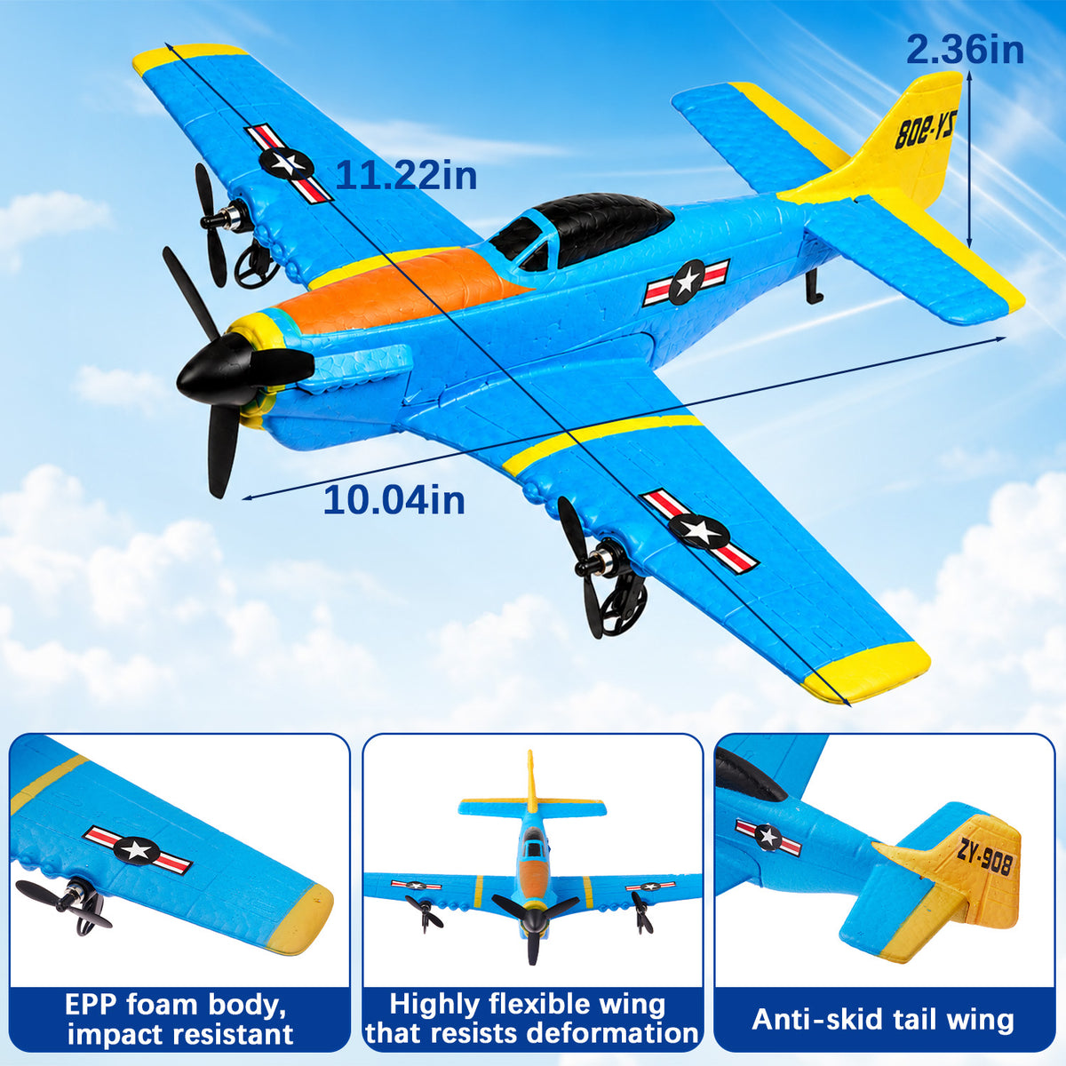 Zacro RC Airplane for Kids, 2.4GHz Remote Control Plane with Gyro Stabilization, LED Lights, Foam Aircraft RC Glider Toy for Kids Adult Beginner - Blue