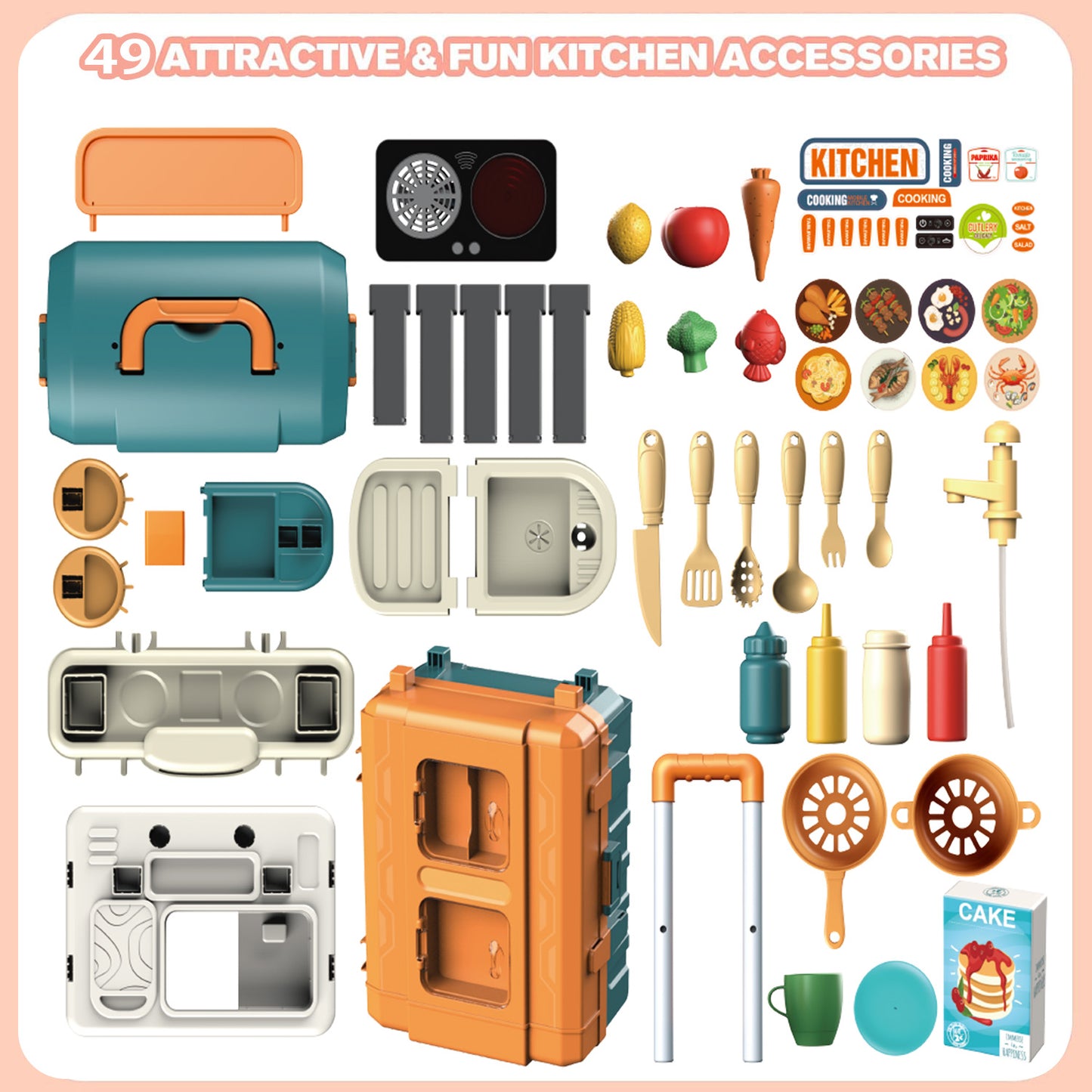 Anpro 28Inch Play Kitchen Set for Kids, 49PCS Pretend Play Kitchen with Sounds & Lights, Toy Kitchen Cooking Set, Best Gifts for Toddlers Age 3+, Yellow