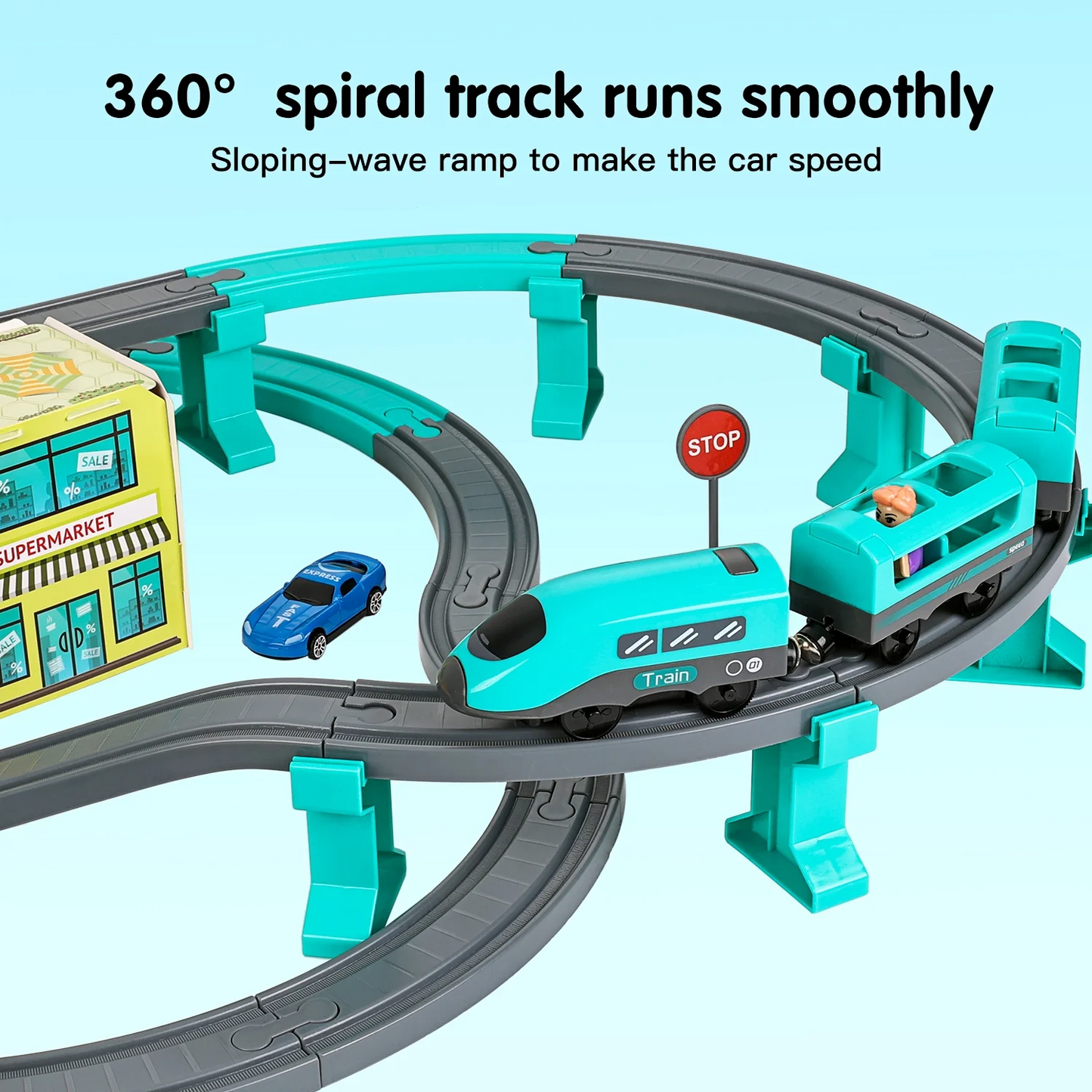 Anpro Kids Train Track Toy Set, 92pcs Electric Train Toys with Cars for 3+ Year Old Toddlers Boys Girls - City Themed, Blue