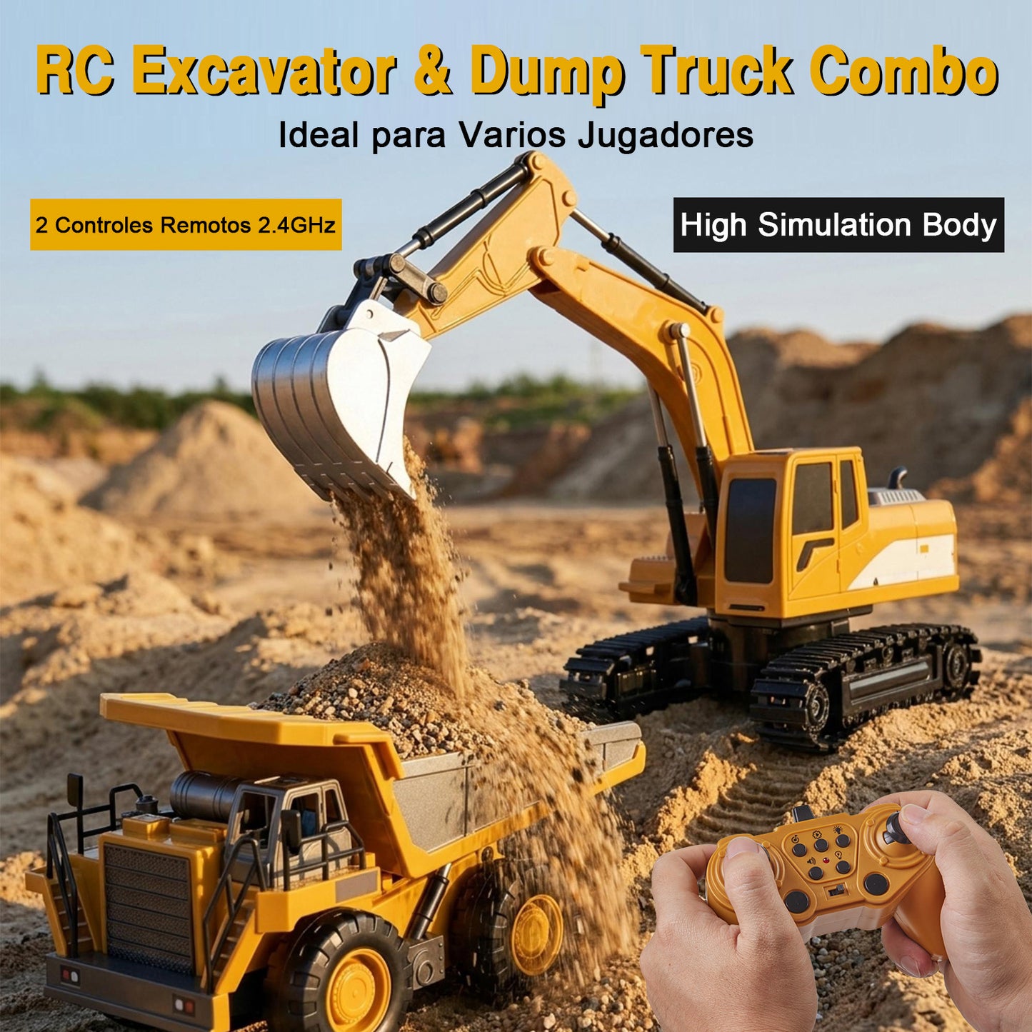 Lictin Remote Control Excavator and Dump Truck Toy for Kids, 2.4Ghz Alloy RC Excavator & RC Dump Truck with Lights & Sounds, RC Construction Vehicles Toy Gift for Boys 3-12