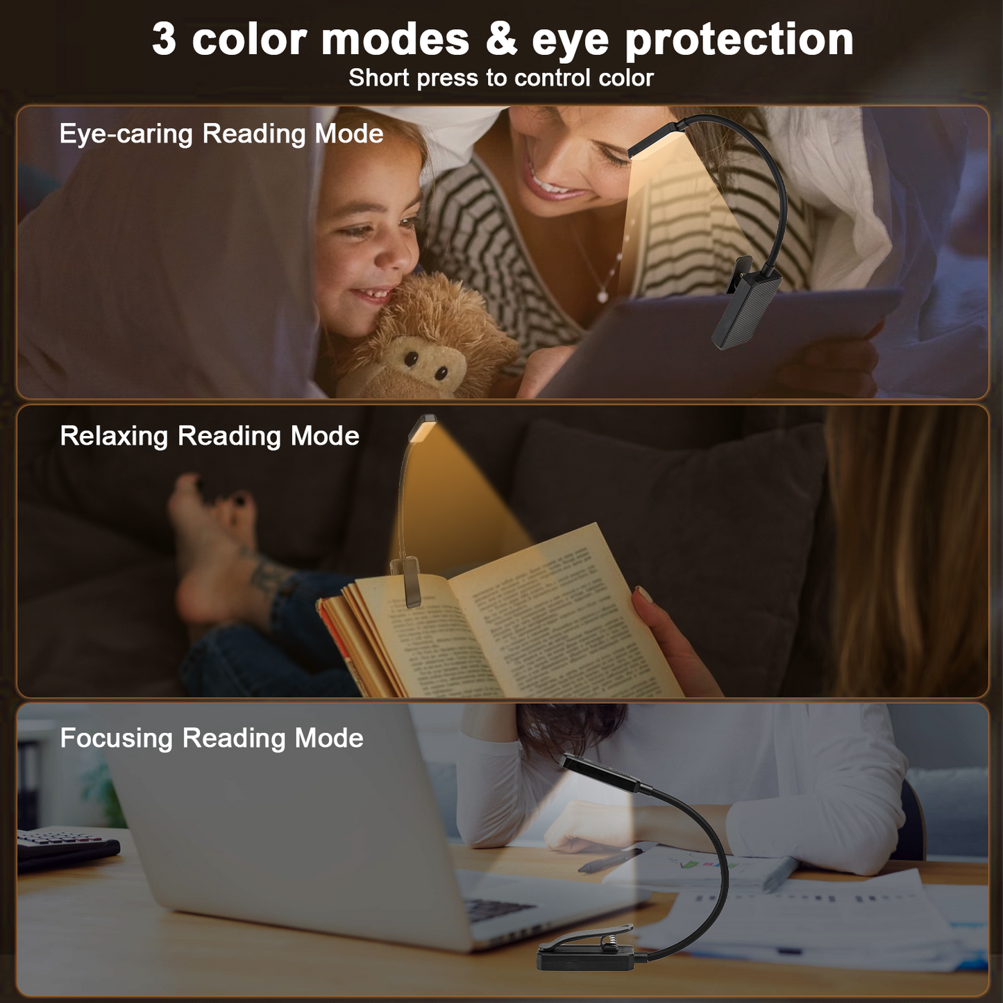 Anpro Rechargeable Book Light, 16 LED Easy Clip on Reading Lamp, 3 Color Temperature, Lightweight Clip on Reading Lights for Books in Bed, Black