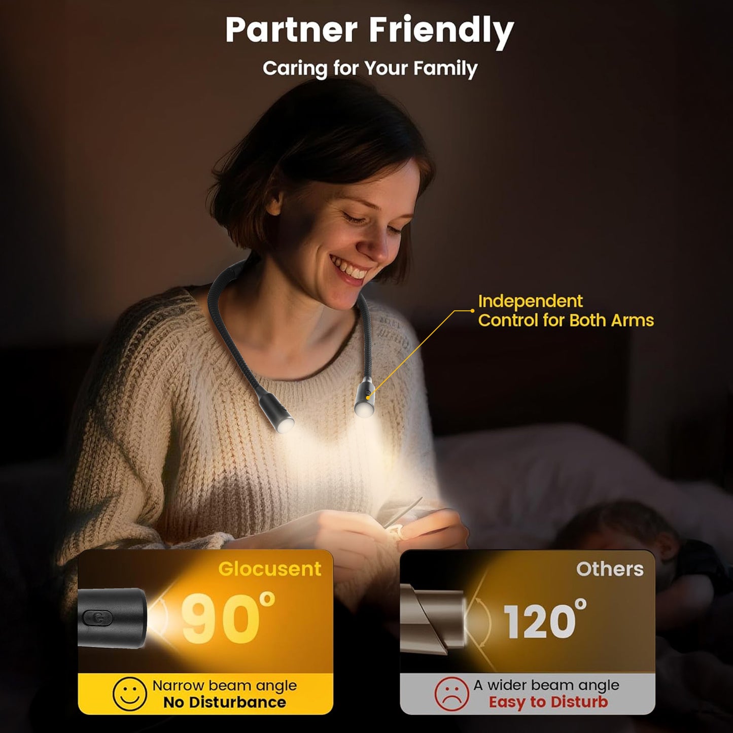 Anpro Rechargeable Neck Reading Light 4 LED, 3 Brightness Levels Lighting & 3 Color Temperatures Book Light for Reading in Bed, up to 40 Hours Reading, Bendable Long Arms Lamp