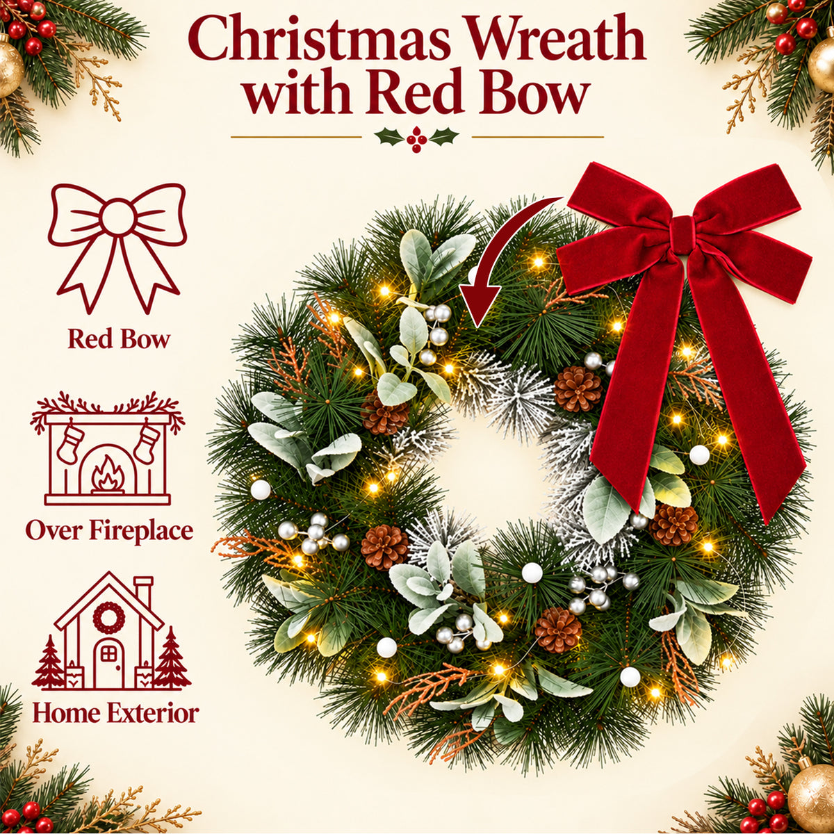 20in Christmas Wreath with Red Bow, LED Lights, for Front Door Indoor Outdoor Holiday Christmas Party Decorations