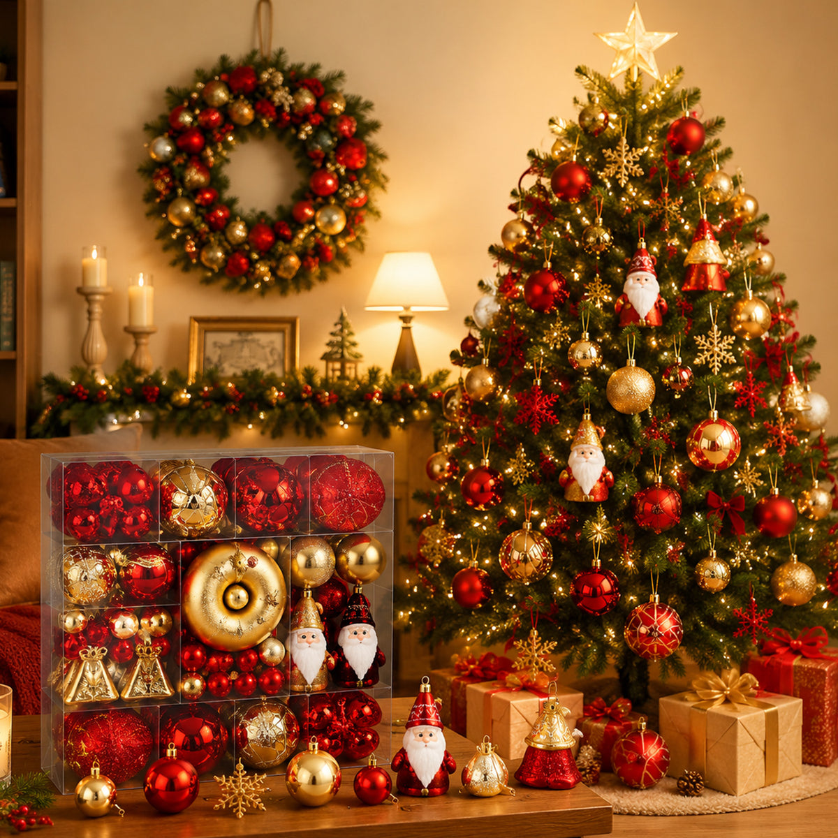 Zacro 60PCS Christmas Ornaments Set Red Gold, Shatterproof Christmas Tree Decorations Balls with Santa Snowflake Hanging Decorations, Xmas Holiday Decor for Tree Home Party