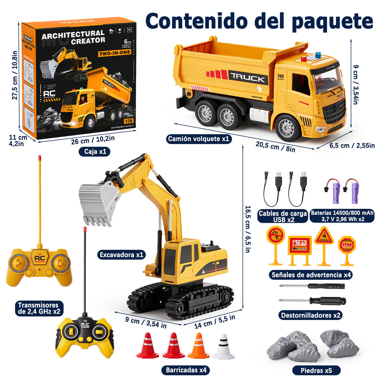 2 PCS RC Excavator and Dump Truck Toy Set, Remote Control Excavator Toy with Barricades, Road Signs, Stone Accessories, Lights Sounds, Construction Vehicles Toys Gift for Kid Aged 3-12