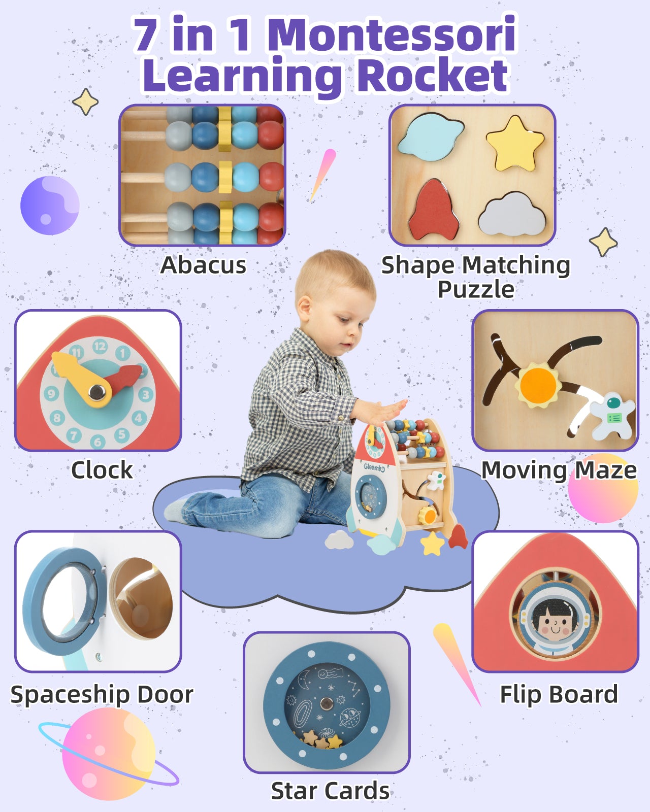 Anpro Montessori Wooden Activity Cube, 7-in-1 Educational Toddler Toy with Abacus, Shape Puzzle, Clock, Maze & More, Ideal Baby Toys for Boys & Girls Birthday Gift
