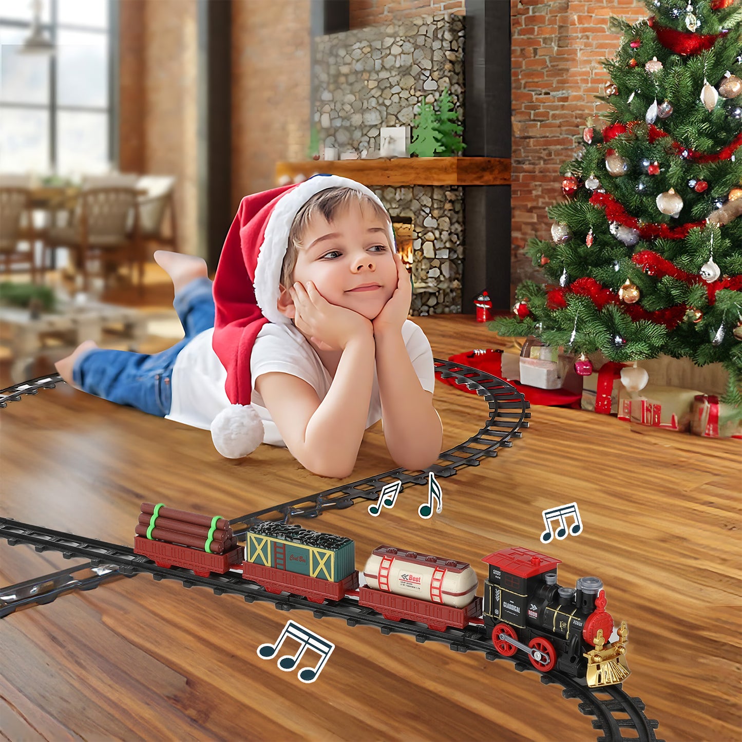 Anpro Electric Train Set for Kids, Train Track Toy with Smoke & Sound, Christmas Train Gift for Boy & Girl