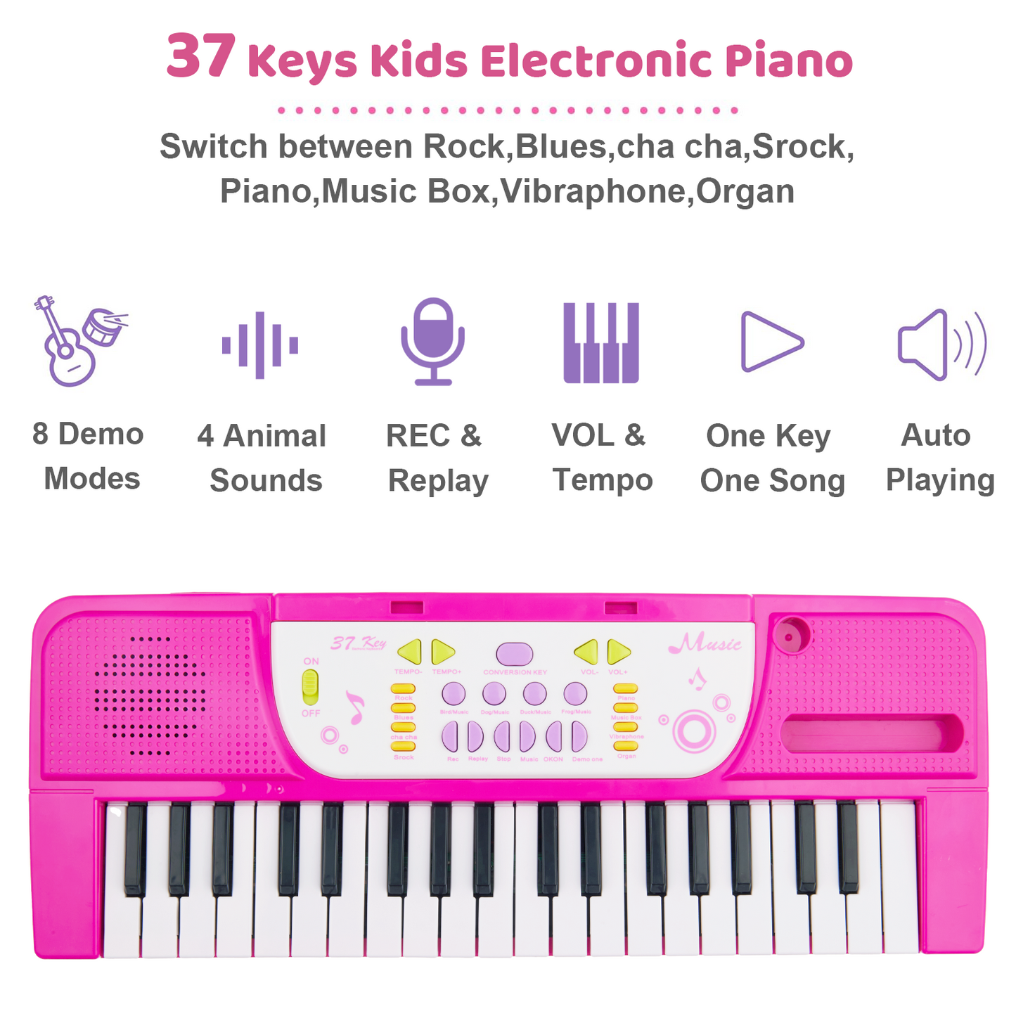 Petbank 37-Key Kids Piano Keyboard Toy, Kids Electronic Piano with Microphone, Stool, 8 Instrument Sounds Piano Toy Gift for Girls, Pink