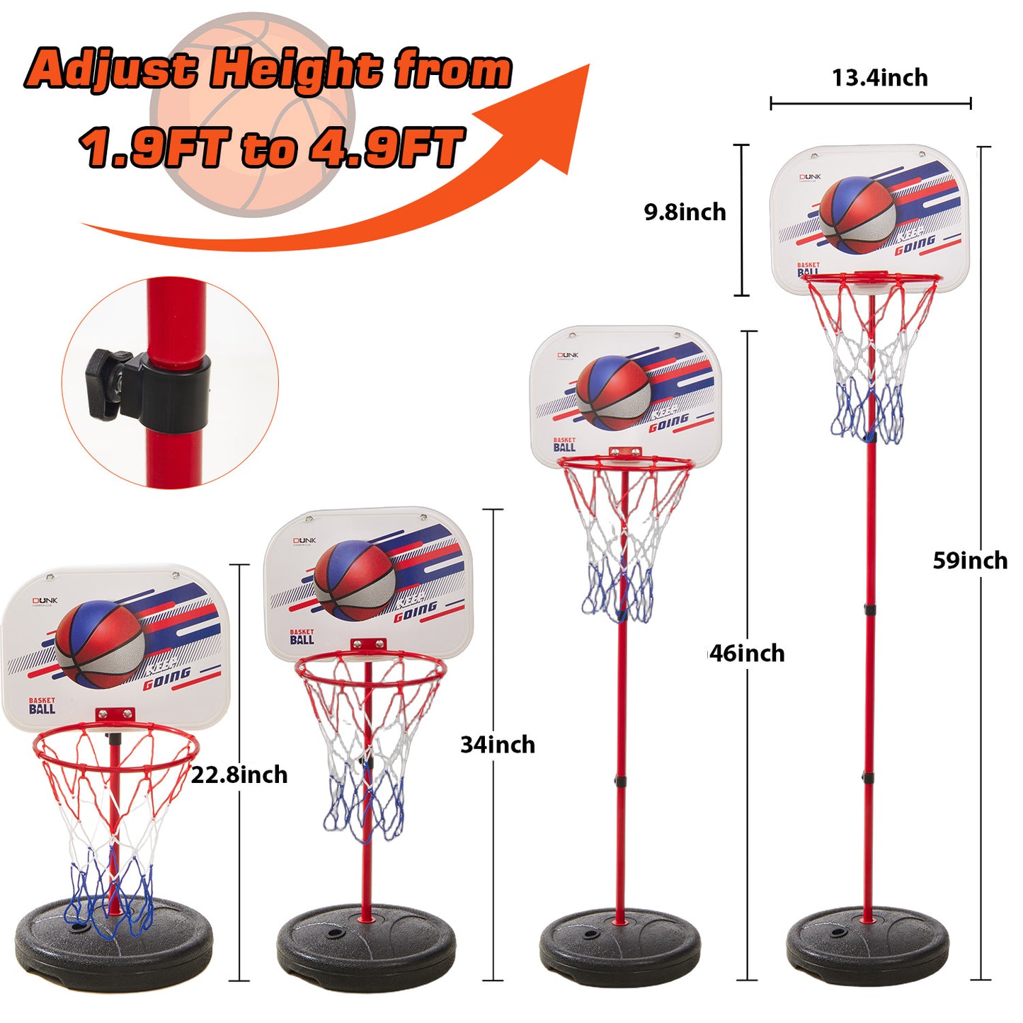Anpro Kids Basketball Hoop with Stand, Adjustable Height 1.9FT-4.9FT, Toddler Basketball Hoop, Indoor Outdoor Mini Portable Basketball Goal Toys for Boys Girls Gift