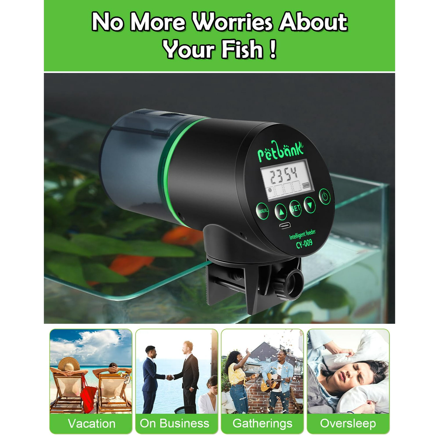 Petbank Automatic Fish Feeder, Auto Fish Food Feeder Timer Dispenser for Aquarium or Fish Turtle Tank with USB Charge Cable, Auto Feeding on Vacation