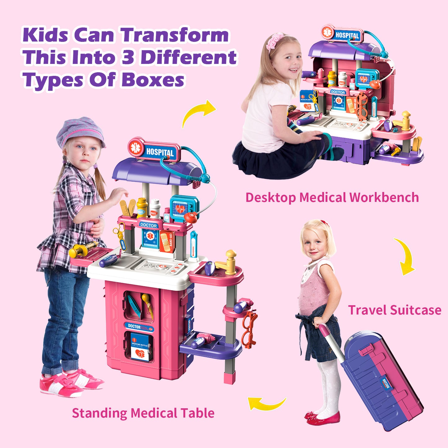 Anpro 38Pcs Toy Doctor Kit for Kids, 28Inch 3 in 1 Role Play Toys Medical Kit with Stethoscope, Pretend Mobile Medical Station with Realistic Light & Sound Effects for Boys Girls Age 3+, Red