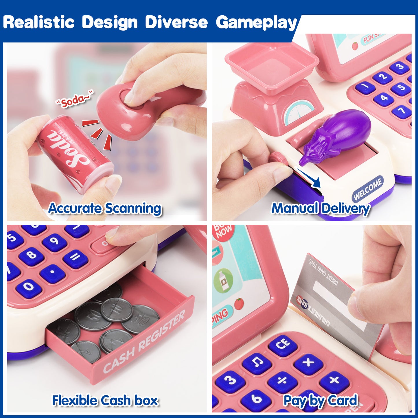 Anpro Cash Register Toys for Kids, 43PCS Pretend Play Register Kids Cashier with Sound, Microphone, Scanner, Pretend Credit Card, Play Food for Toddler Girls Boys Gifts Age 3+, Pink