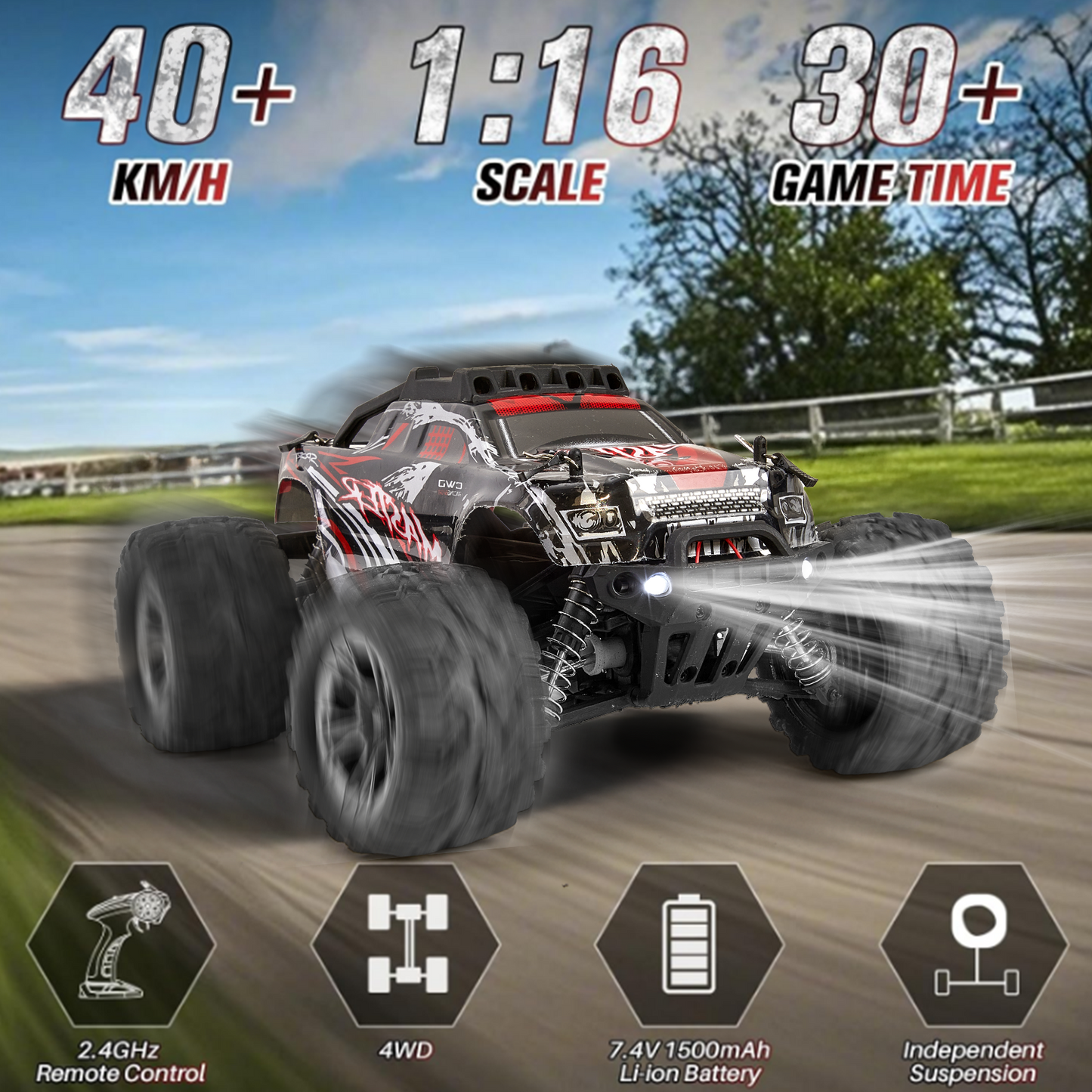 Anpro High Speed Remote Control Car, 16 Scale 40+KMH RC Monster Truck with Lights, 4WD All Terrain Off-Road Truck, 2 Batteries, Electric Vehicle Hobby Toy Gifts for Kids and Adults