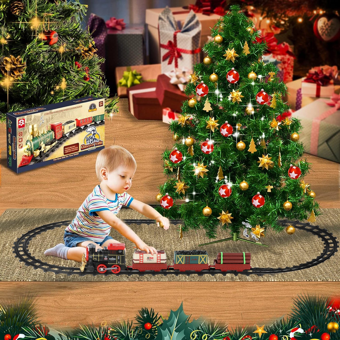 Petbank Train Set Toy for Kids, Electric Train Toy with Steam Engine, Cargo Car and Tracks, Light & Sounds, Train Model Toys Set, Best Christmas Gift for Boys & Girls Aged 3+