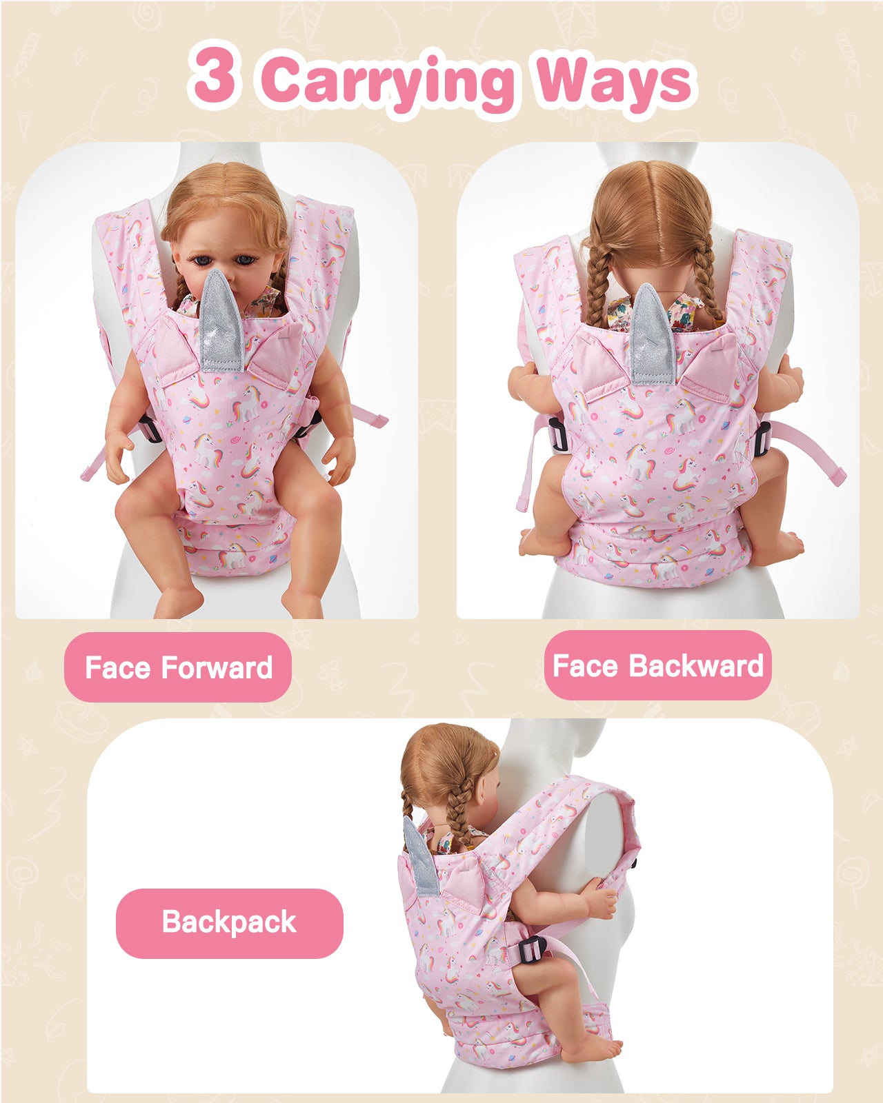 Lictin Baby Doll Carrier for Kids, Front and Back Doll Accessories Carrier with Adjustable Straps for Little Girls, Doll Carrier for Stuffed Animal Baby Doll, Pink