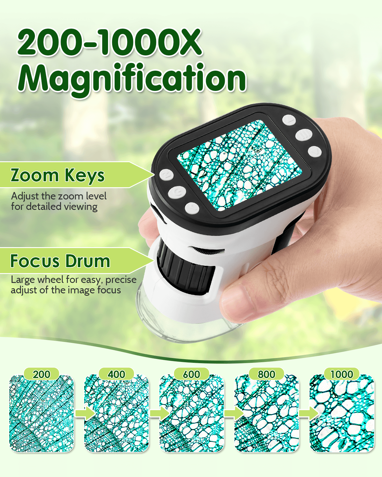 Microscope for Kids, 200-1000X Handheld Microscope with Photo & Video & Playback Modes, Pocket Microscope 2” LCD Screen, Tripod & 32G SD Card for Student