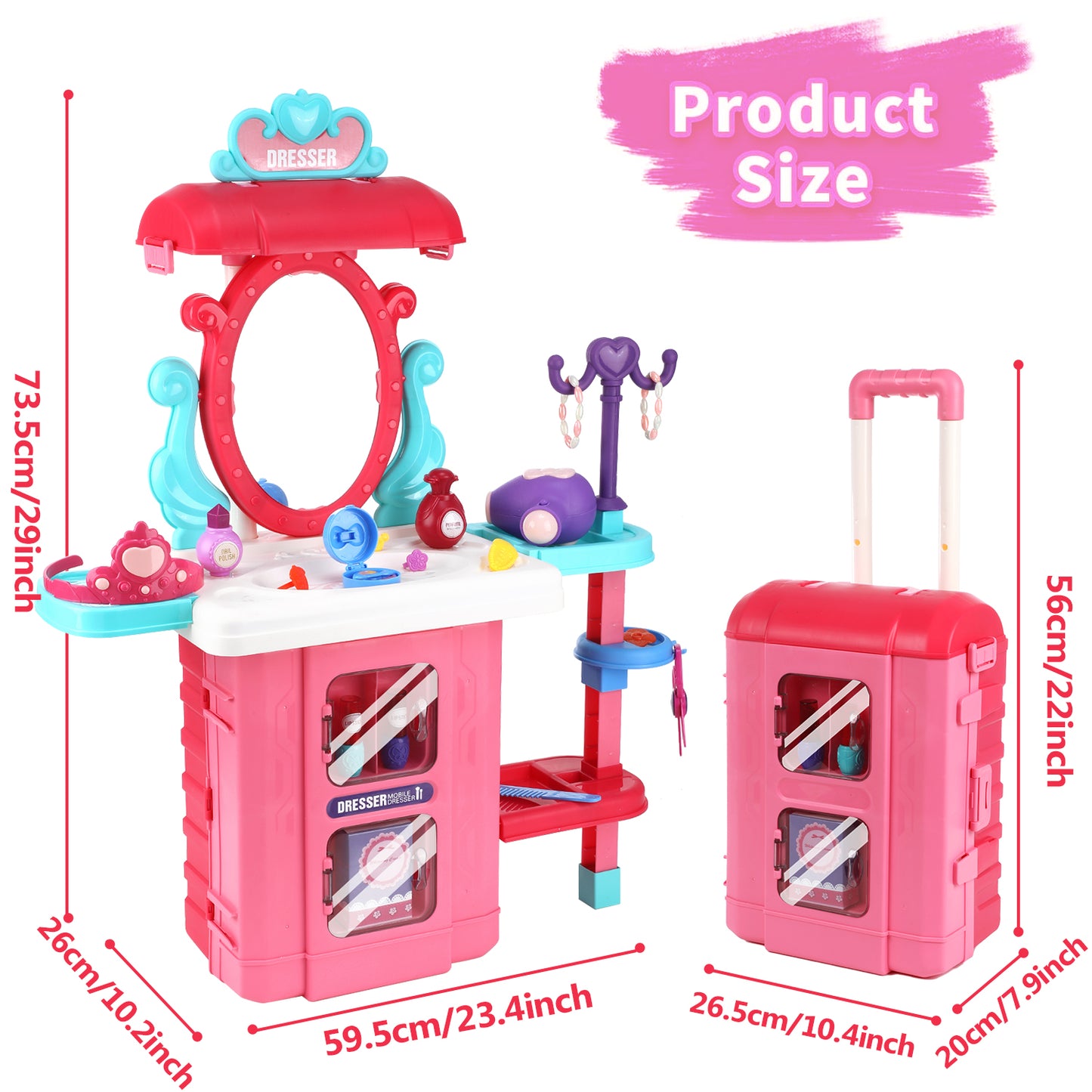 38PCS Toddler Makeup Vanity Set, Anpro 29Inch Princess Girls Vanity Table Set Toy with Light & Music and Accessories & Hair Dryer for Kids Toddlers Girl 3-5 Years, Pink
